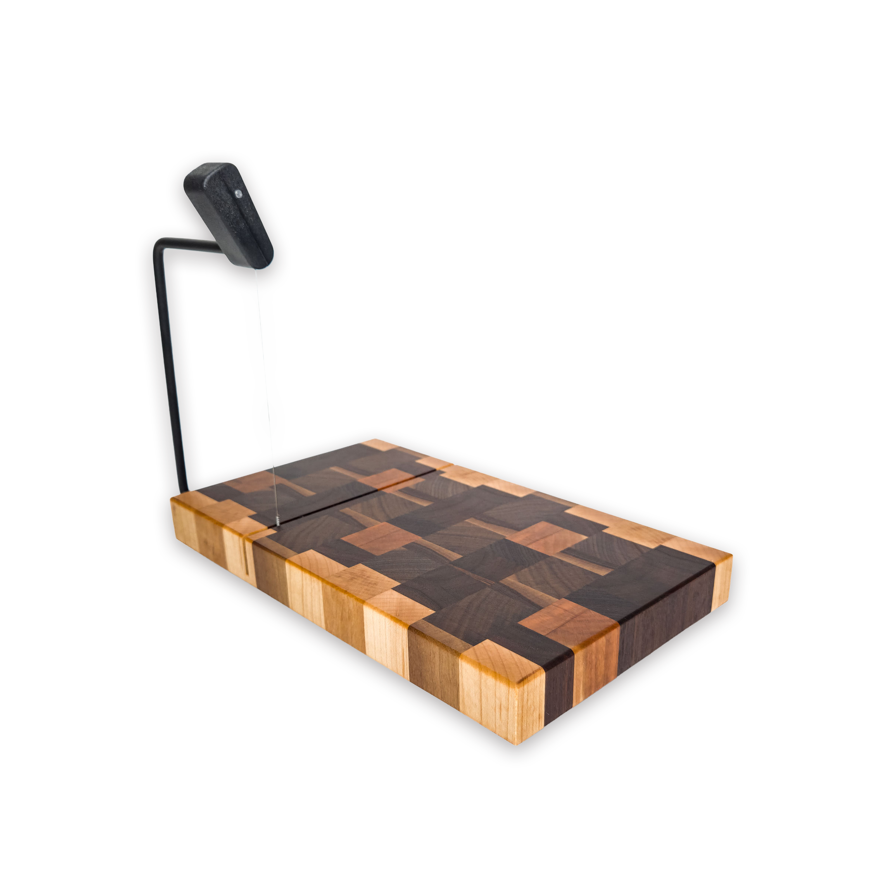 End grain maple, walnut, oak & cherry cheese slicer board with wire cutter, oiled hardwood — large, black (9.75 × 5.75 in)
