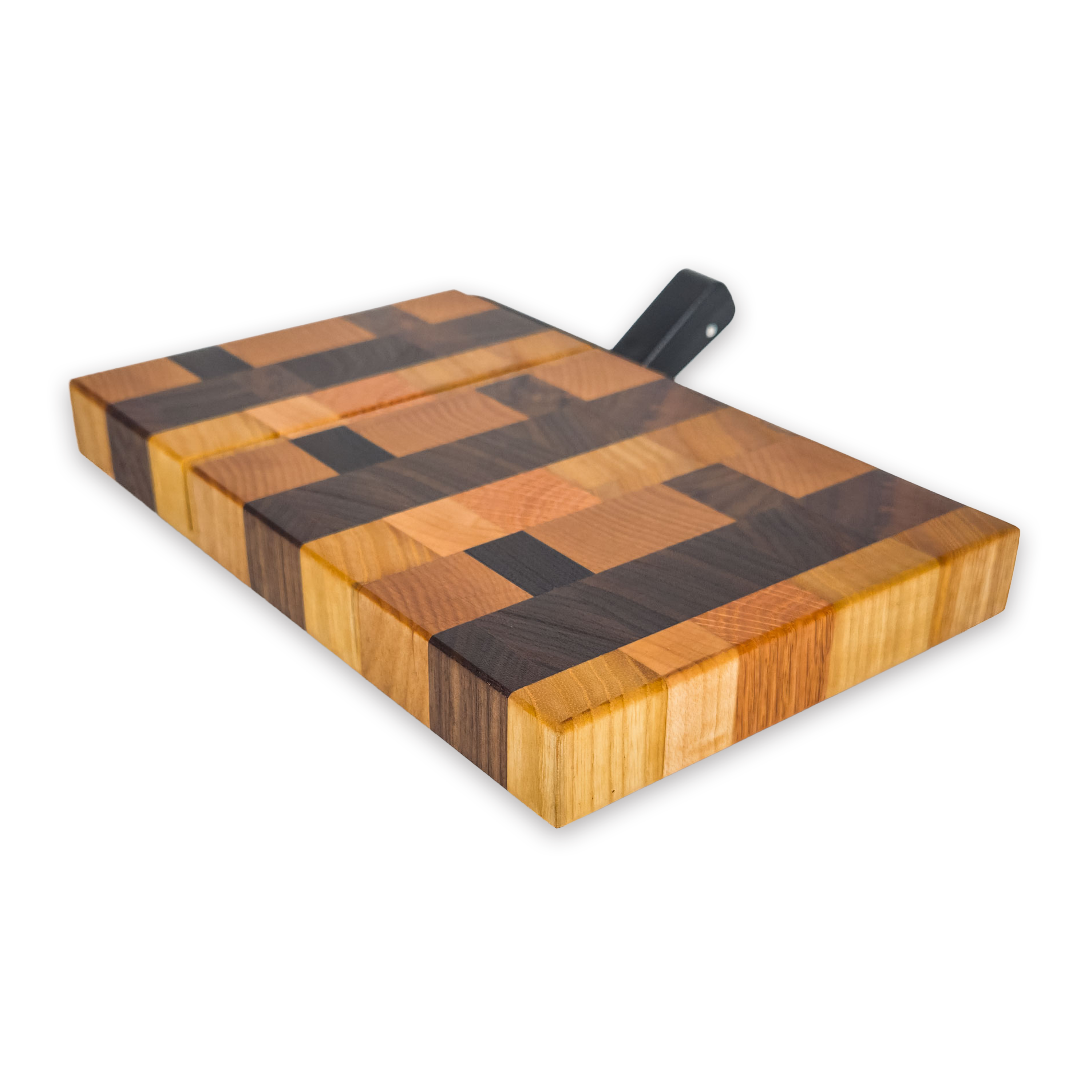 End grain oak, cherry & walnut cheese slicer board with wire cutter, oiled hardwood