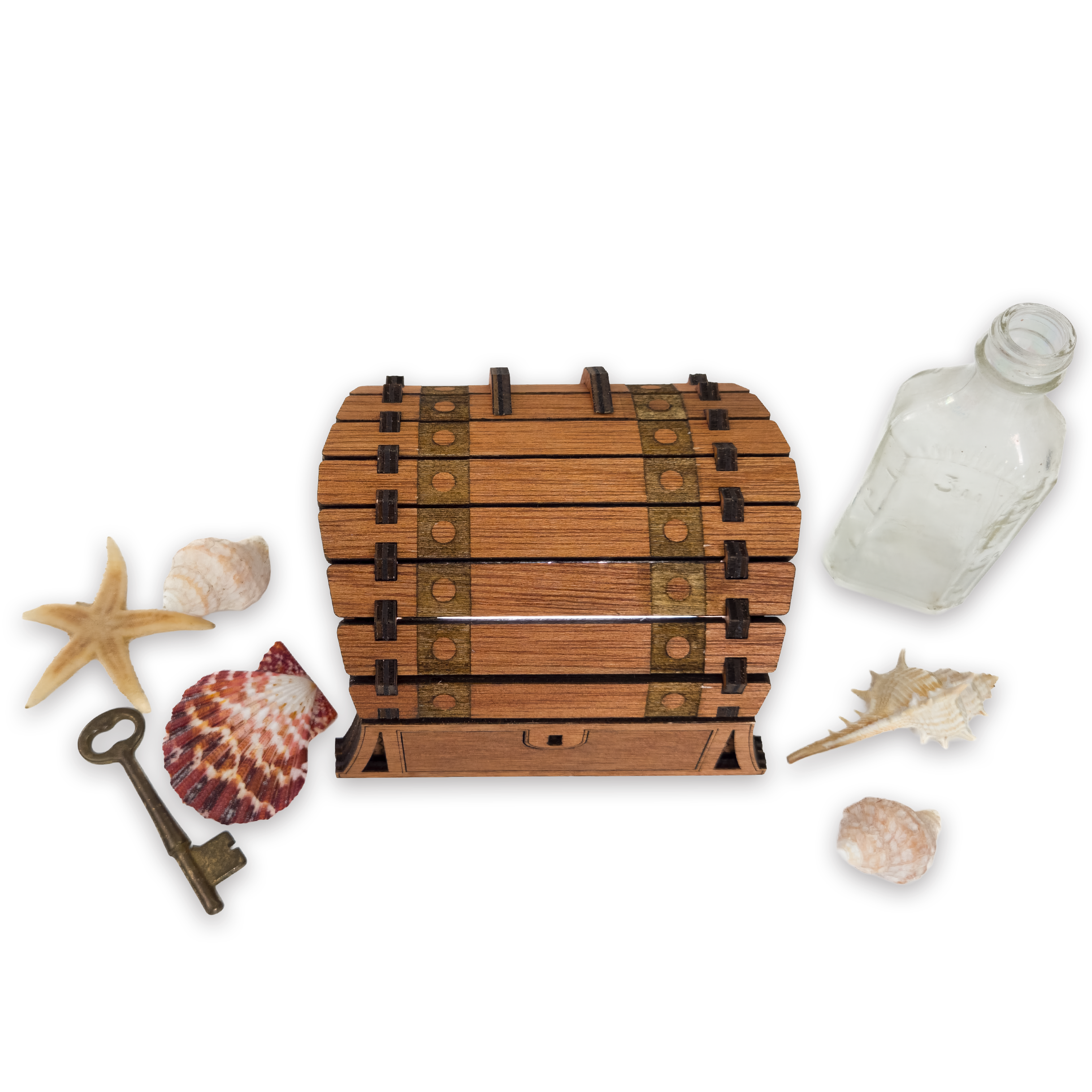 Laser-cut fantasy treasure chest, cherry-finished birch plywood