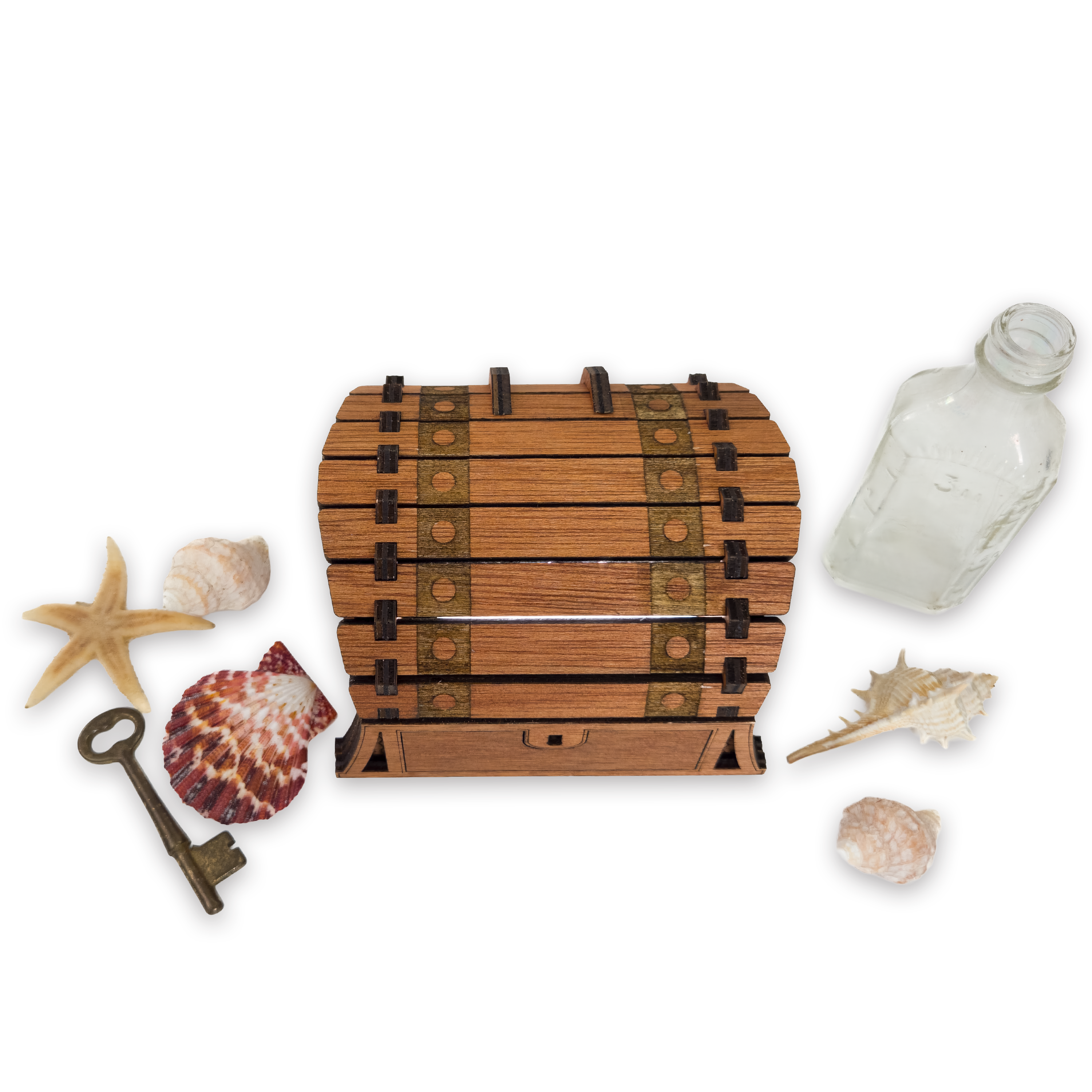 Laser-cut fantasy treasure chest, cherry-finished birch plywood