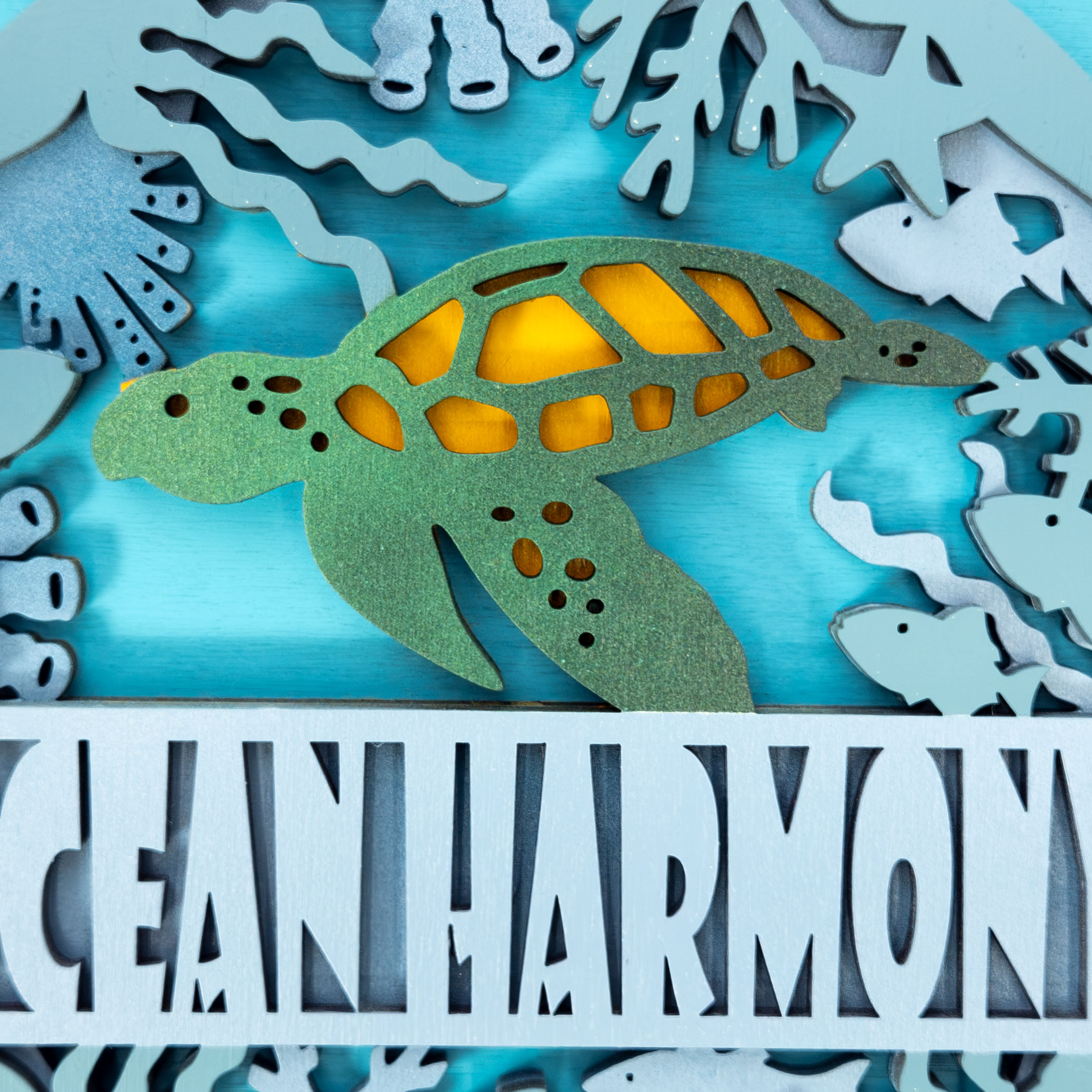 Multilayer 3D laser-cut turtle name sign wall art, Baltic Birch Plywood