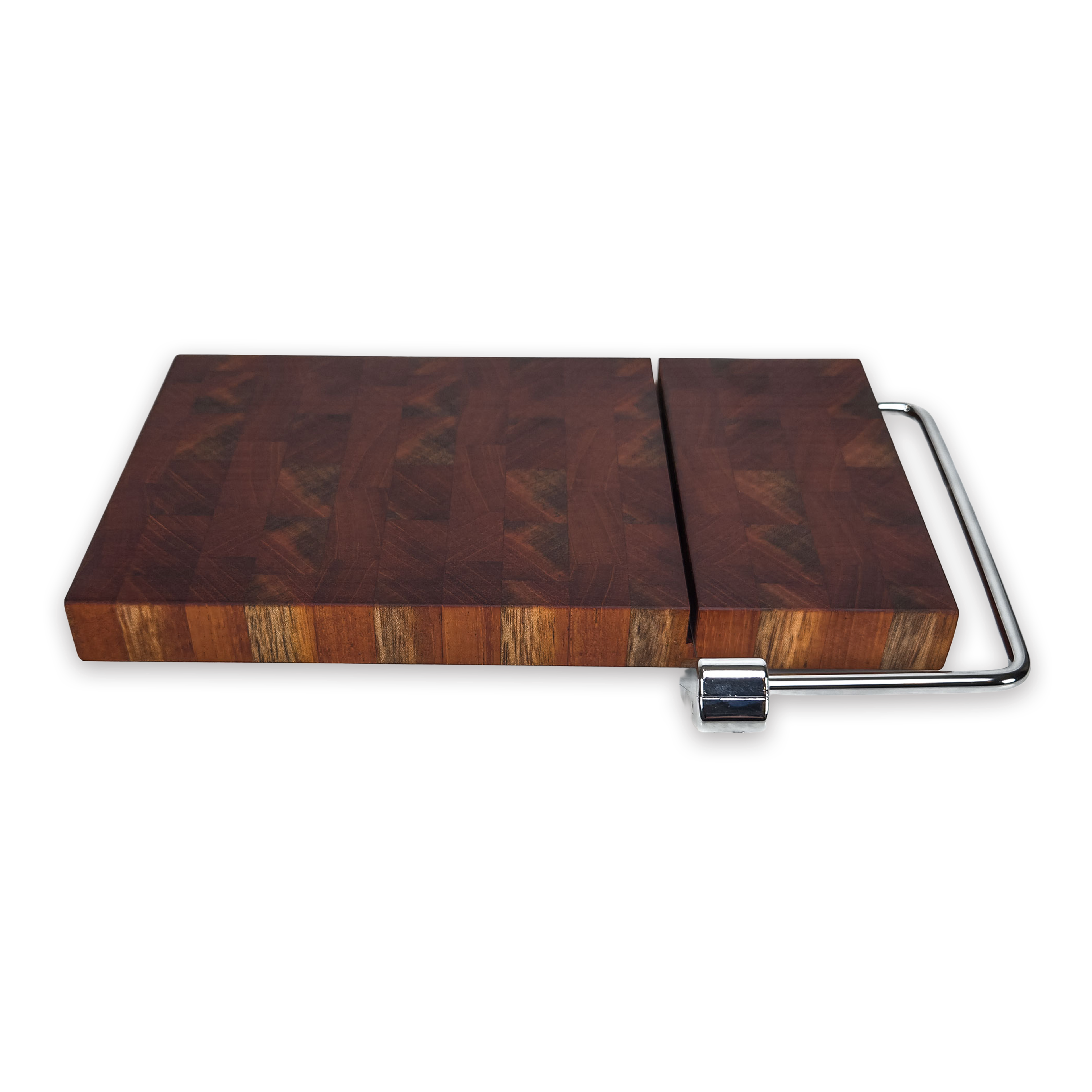 End grain walnut cheese slicer board with wire cutter, oiled hardwood