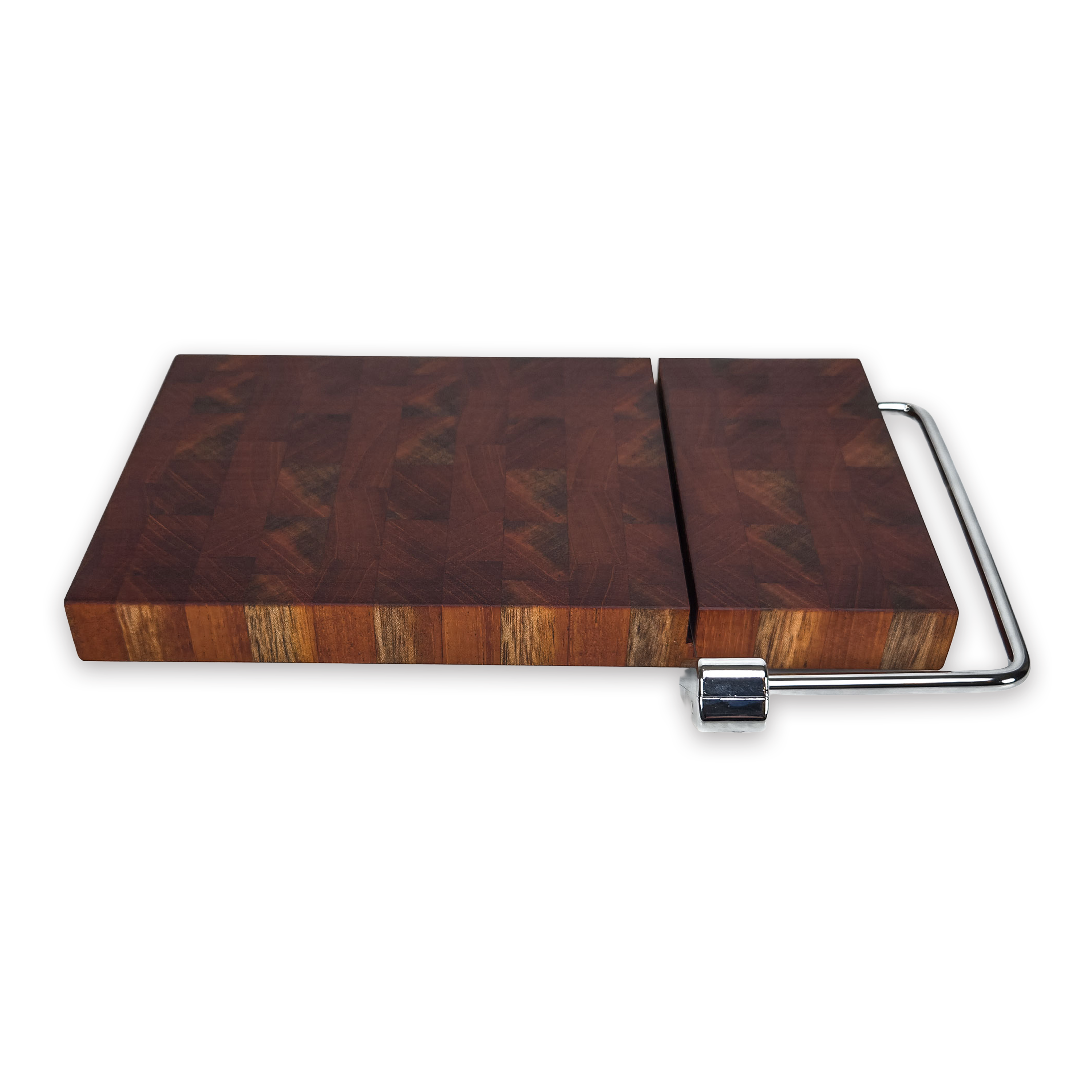 End grain walnut cheese slicer board with wire cutter, oiled hardwood