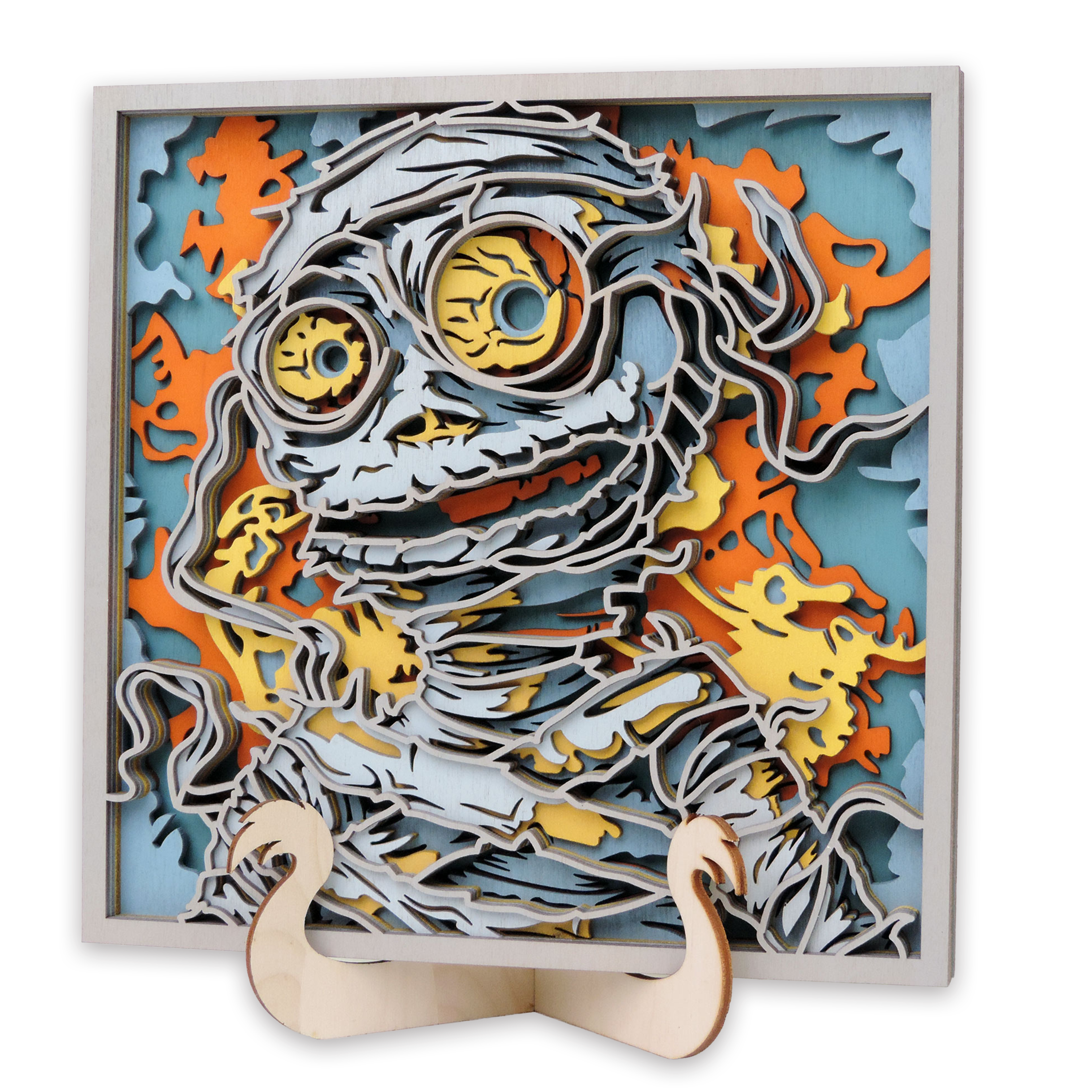 Multilayer 3D laser-cut mummy wall art, Baltic Birch Plywood