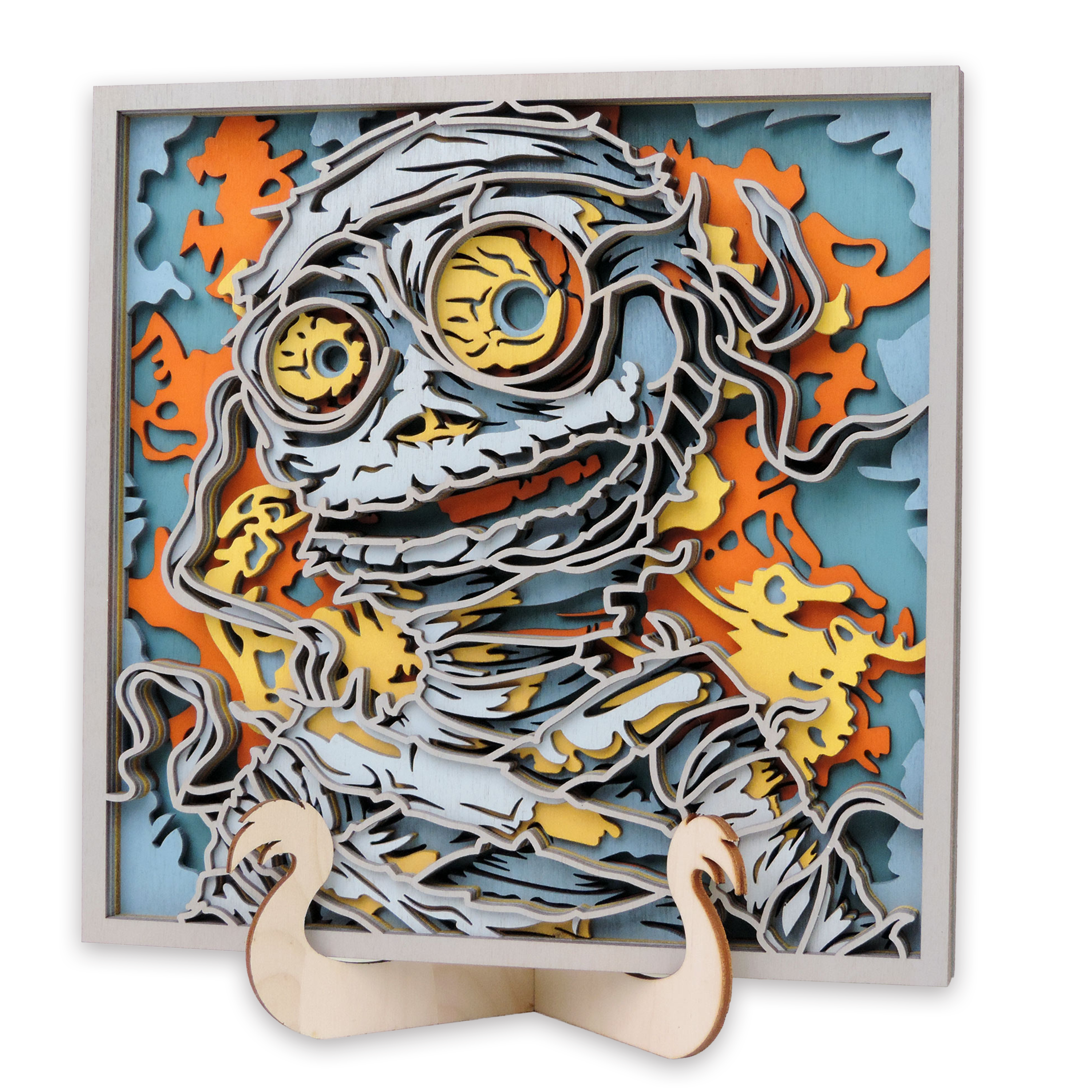 Multilayer 3D laser-cut mummy wall art, Baltic Birch Plywood