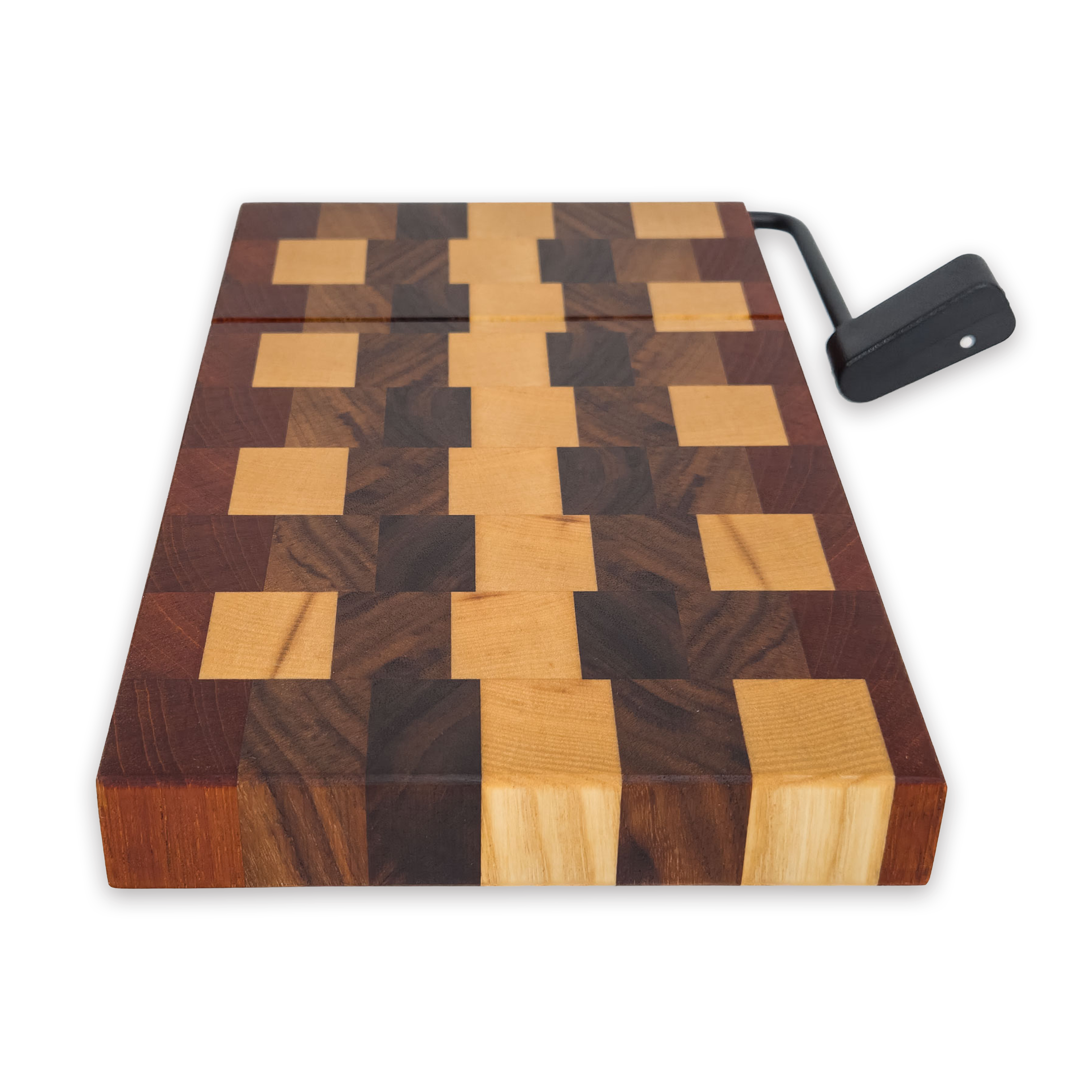 End grain maple, walnut & cherry cheese slicer board with wire cutter, oiled hardwood