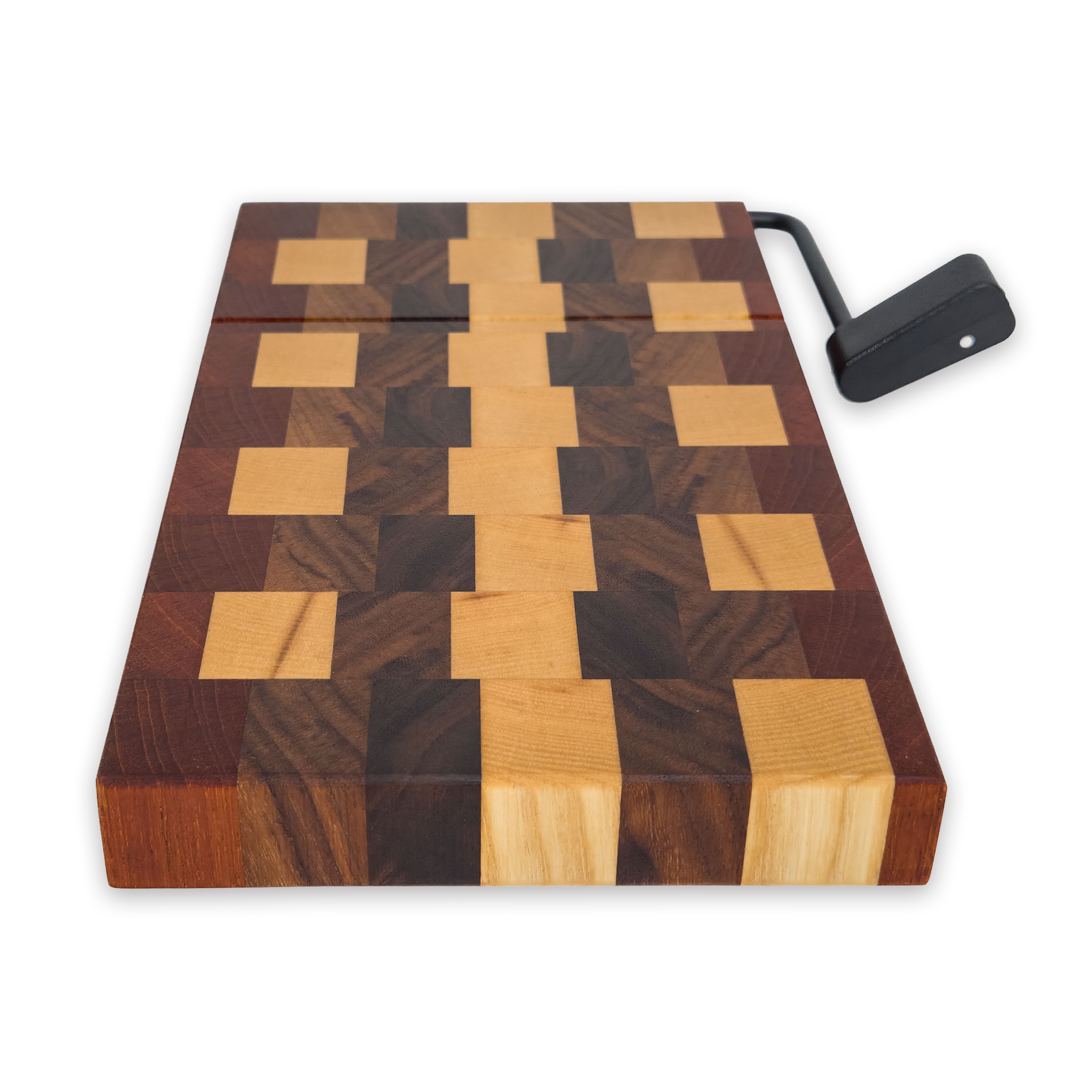 End grain maple, walnut & cherry cheese slicer board with wire cutter, oiled hardwood