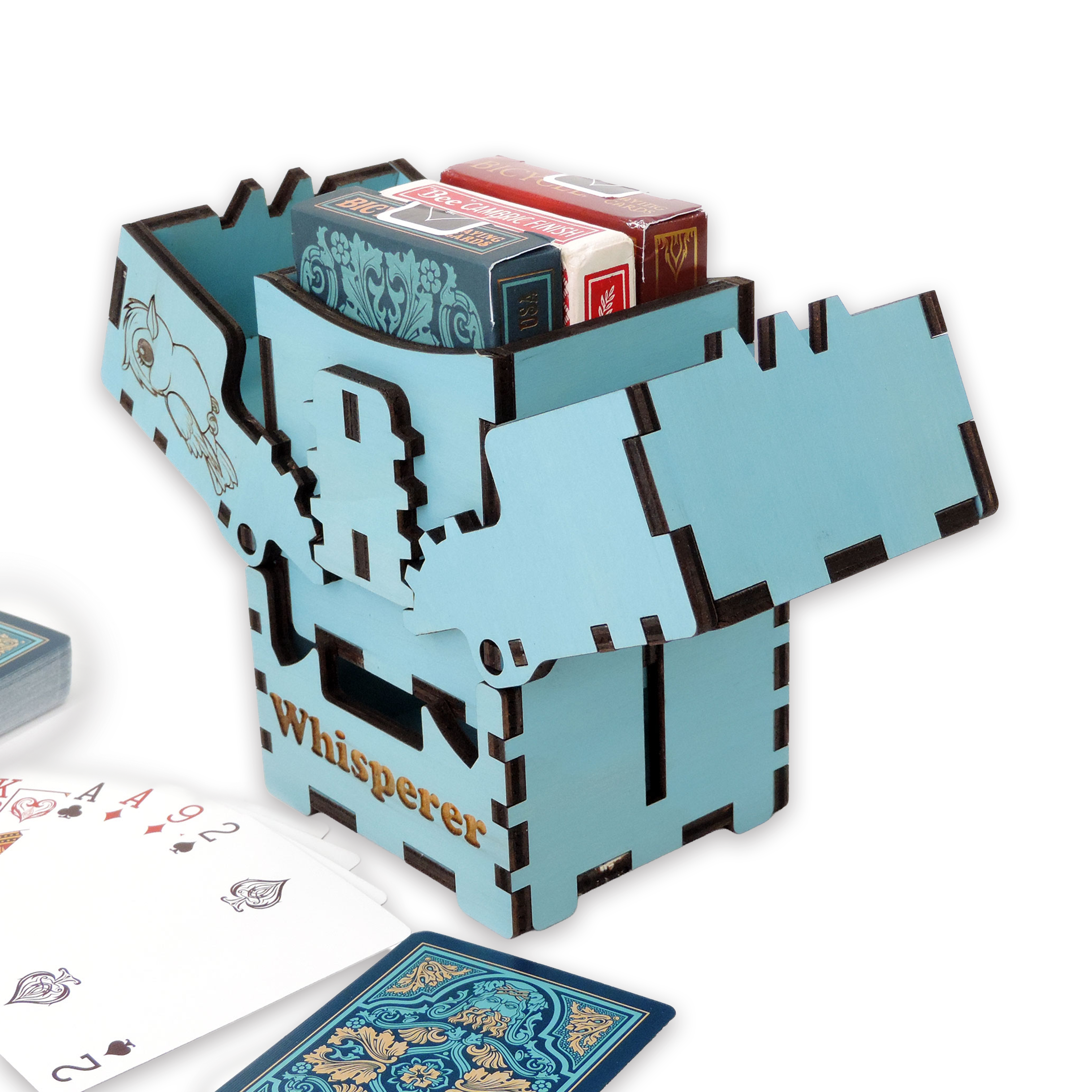 Laser-cut bird whisperer box, turquoise-painted birch plywood