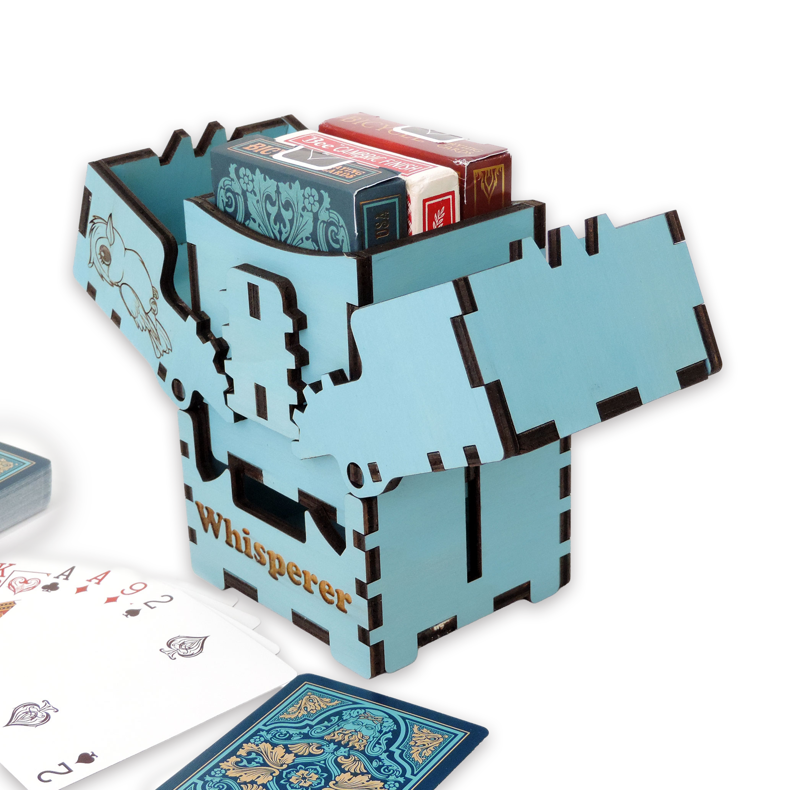 Laser-cut bird whisperer box, turquoise-painted birch plywood