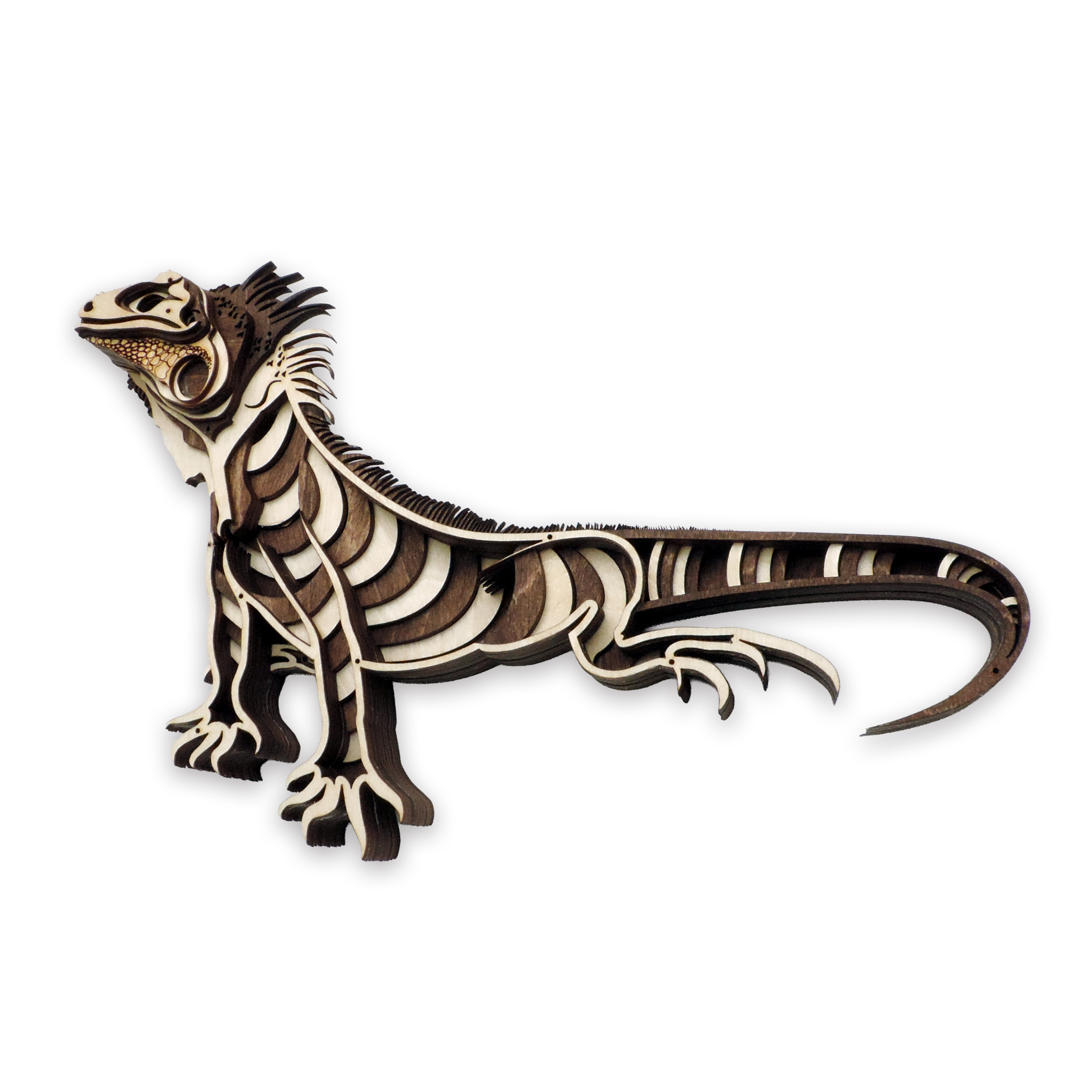 Multilayer 3D laser-cut iguana wall art, Baltic Birch Plywood — walnut maple, small (9.5 × 6.5 in)