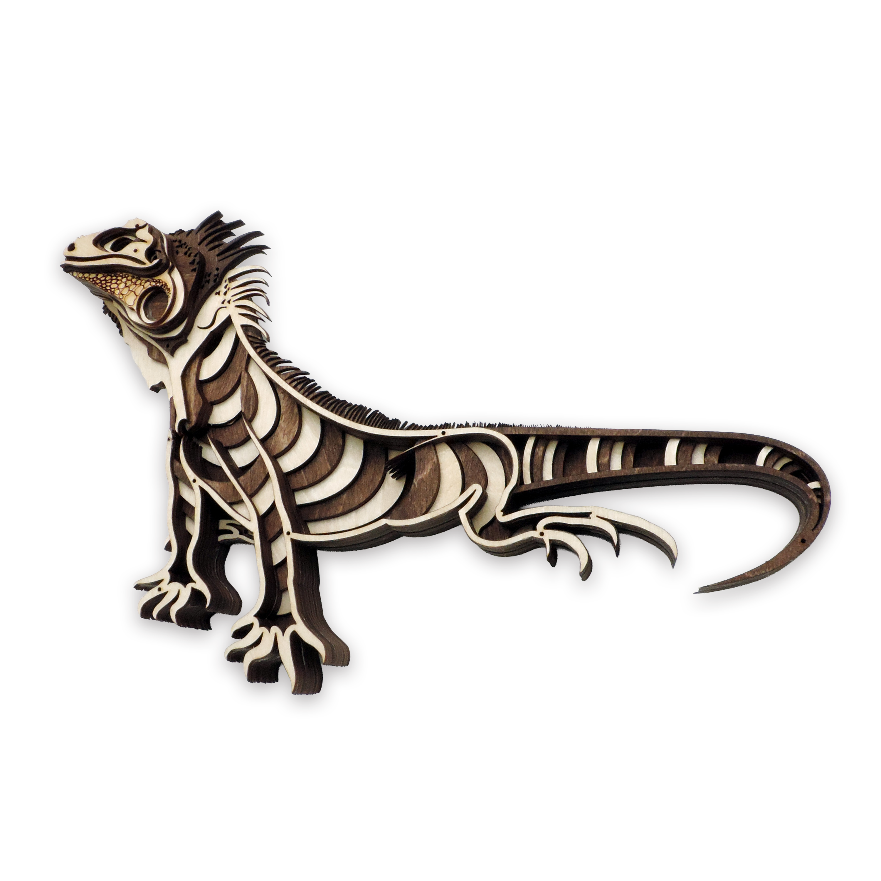 Multilayer 3D laser-cut iguana wall art, Baltic Birch Plywood — walnut maple, small (9.5 × 6.5 in)
