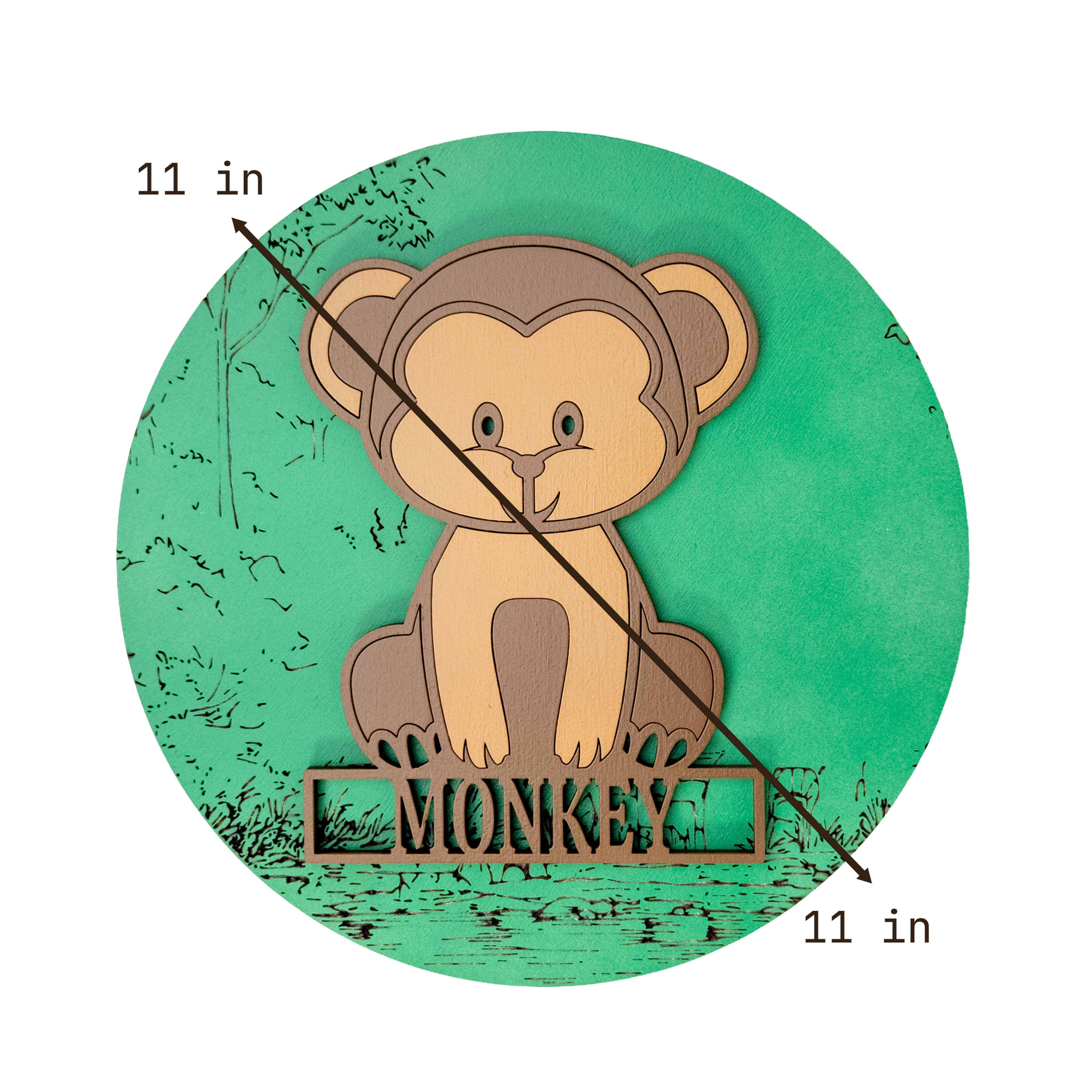 Multilayer 3D laser-cut monkey name sign wall art, Baltic Birch Plywood