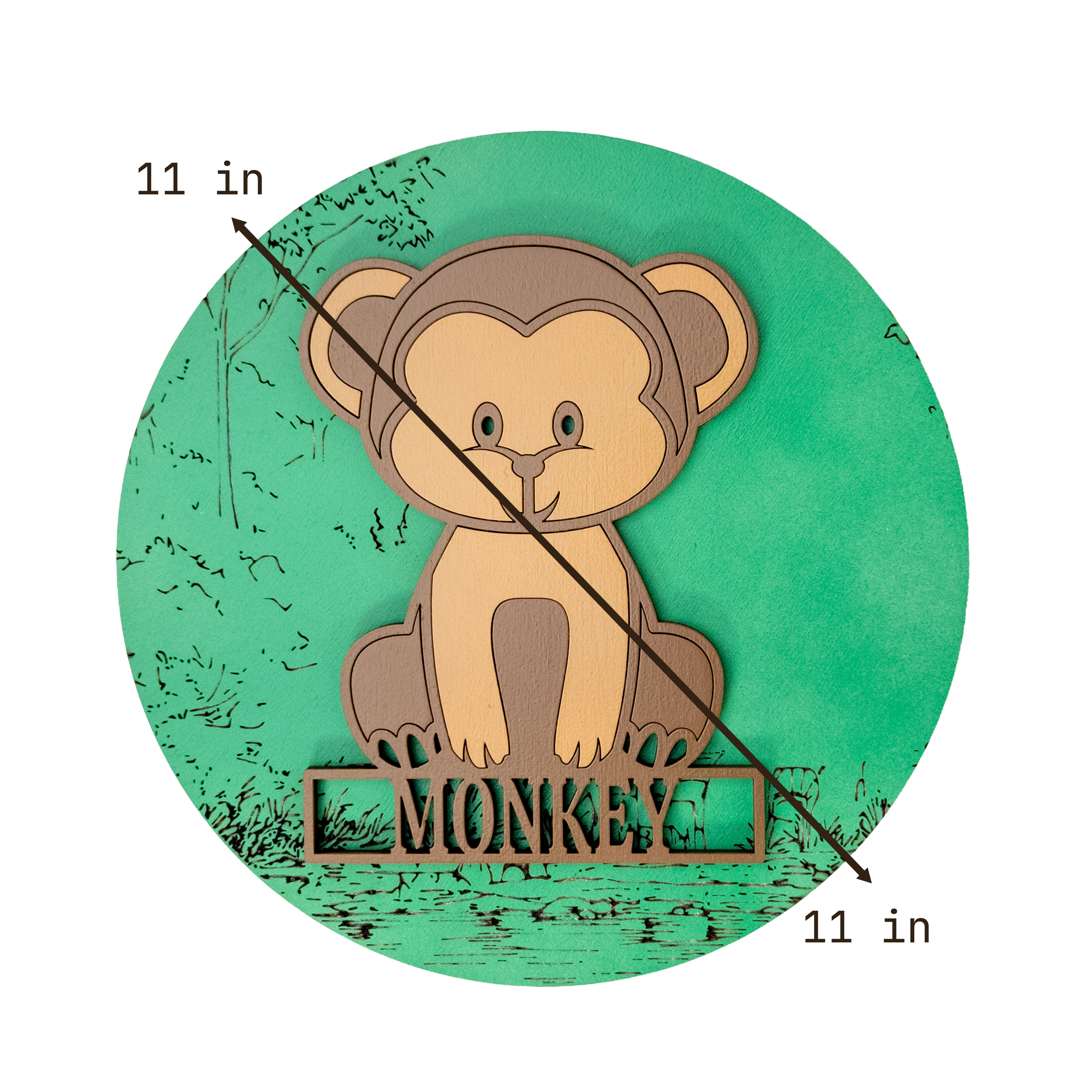 Multilayer 3D laser-cut monkey name sign wall art, Baltic Birch Plywood