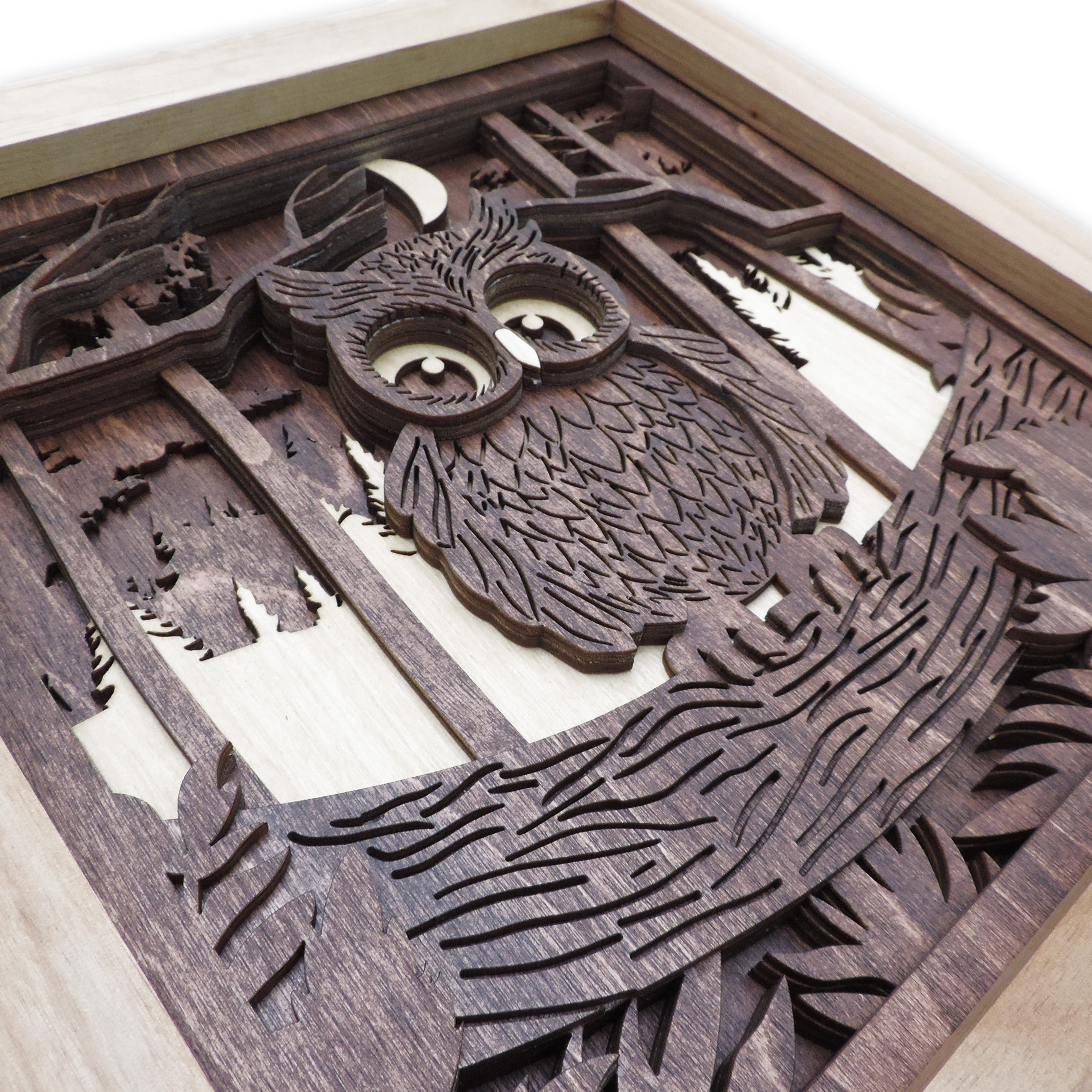 Multilayer 3D laser-cut baby owl wall art, Baltic Birch Plywood