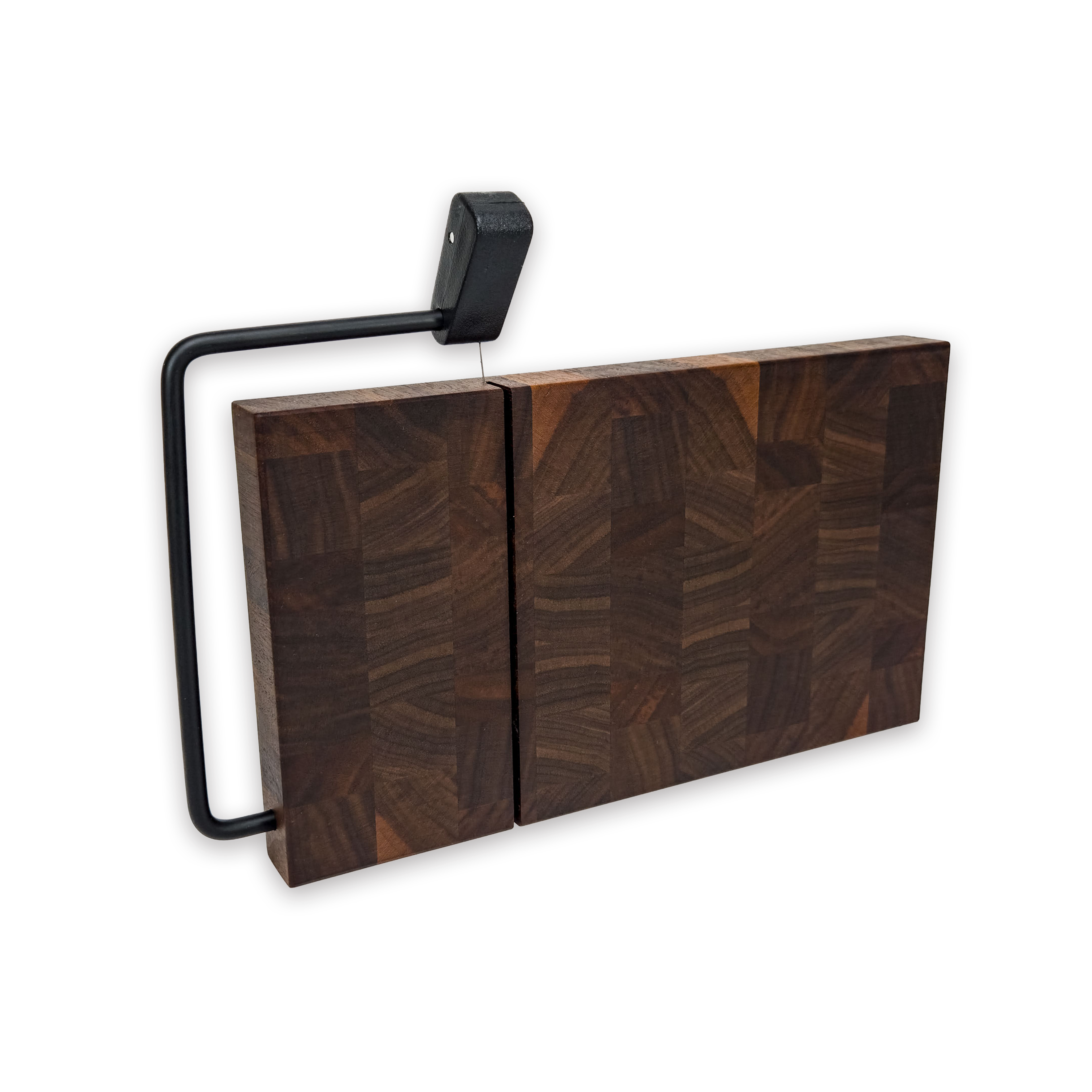 End grain solid walnut cheese slicer board with wire cutter, oiled hardwood