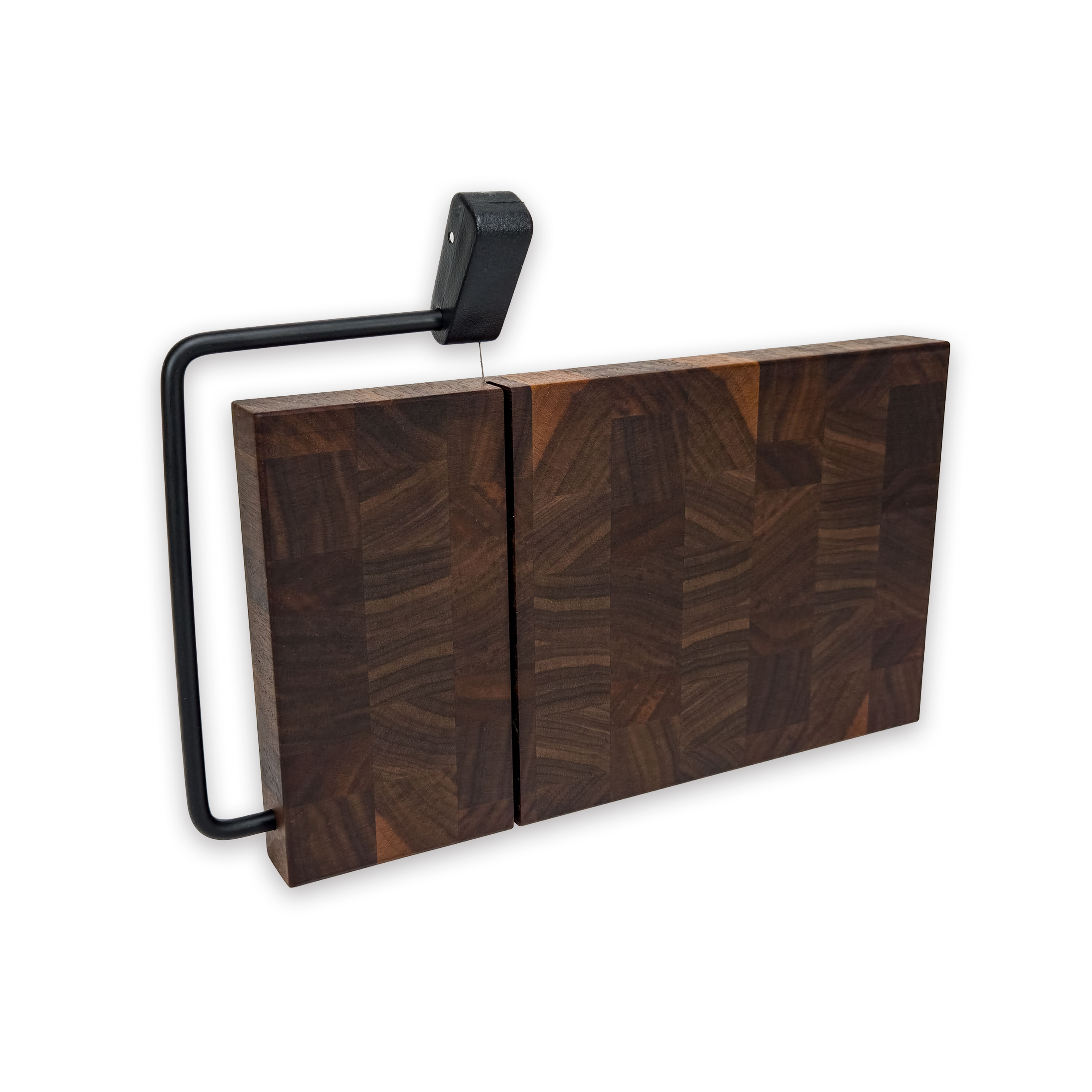 End grain solid walnut cheese slicer board with wire cutter, oiled hardwood
