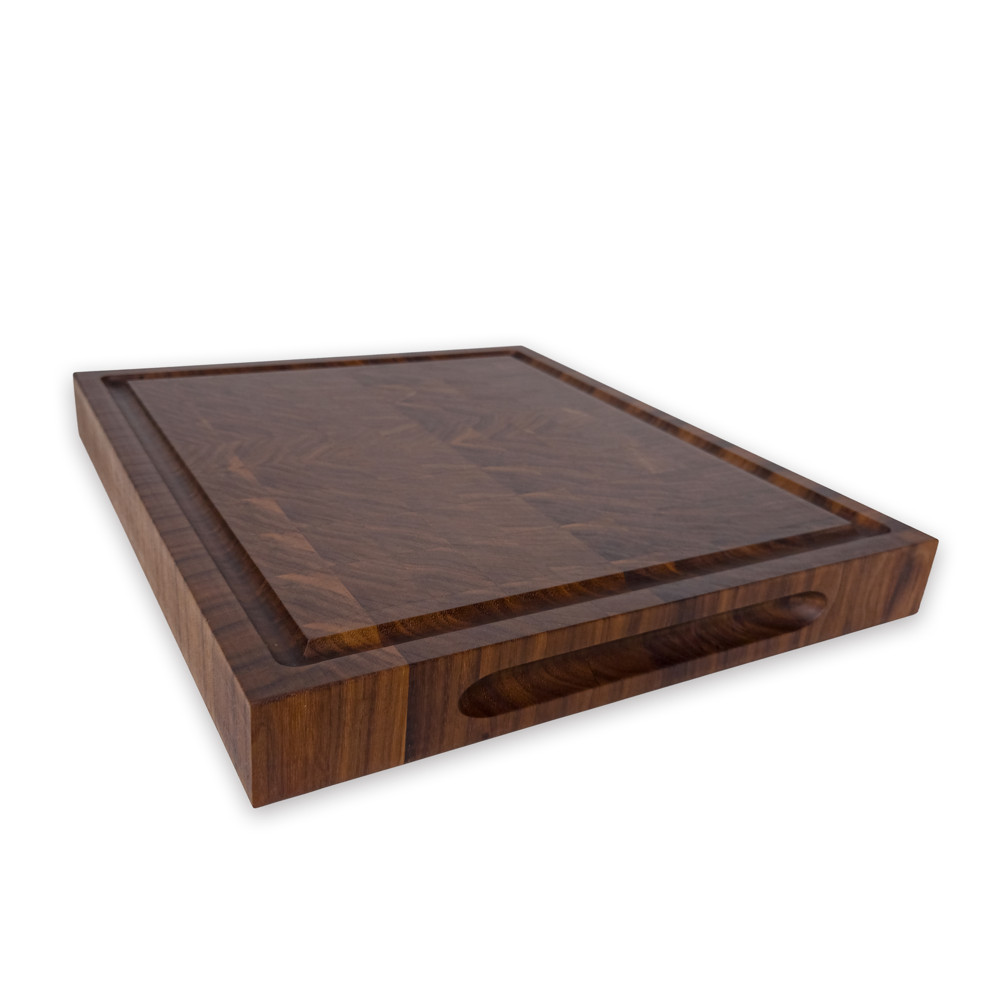 Walnut end grain butcher block cutting board with juice groove — 14 × 12 in