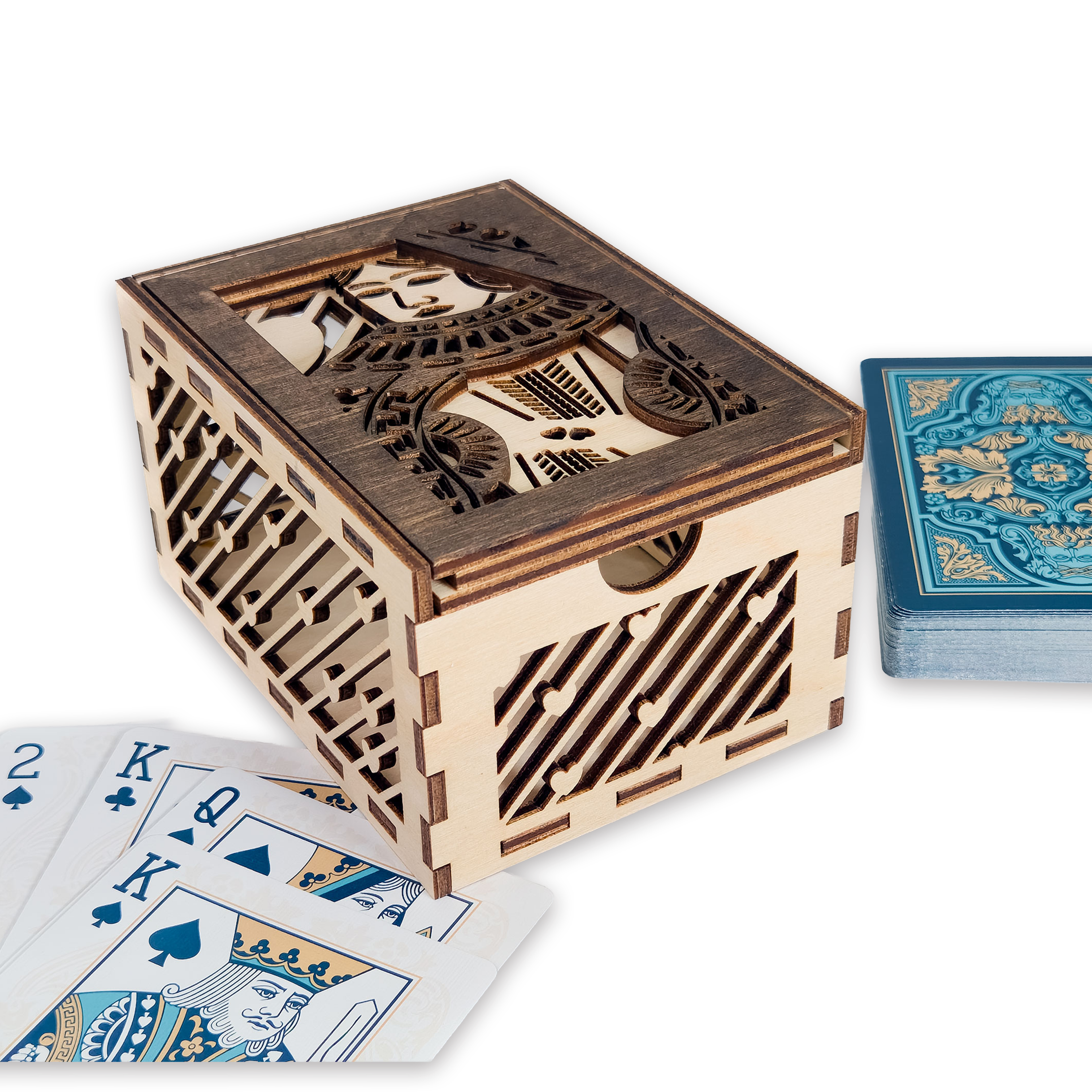 Laser-cut queen of hearts poker card box, walnut & maple birch plywood