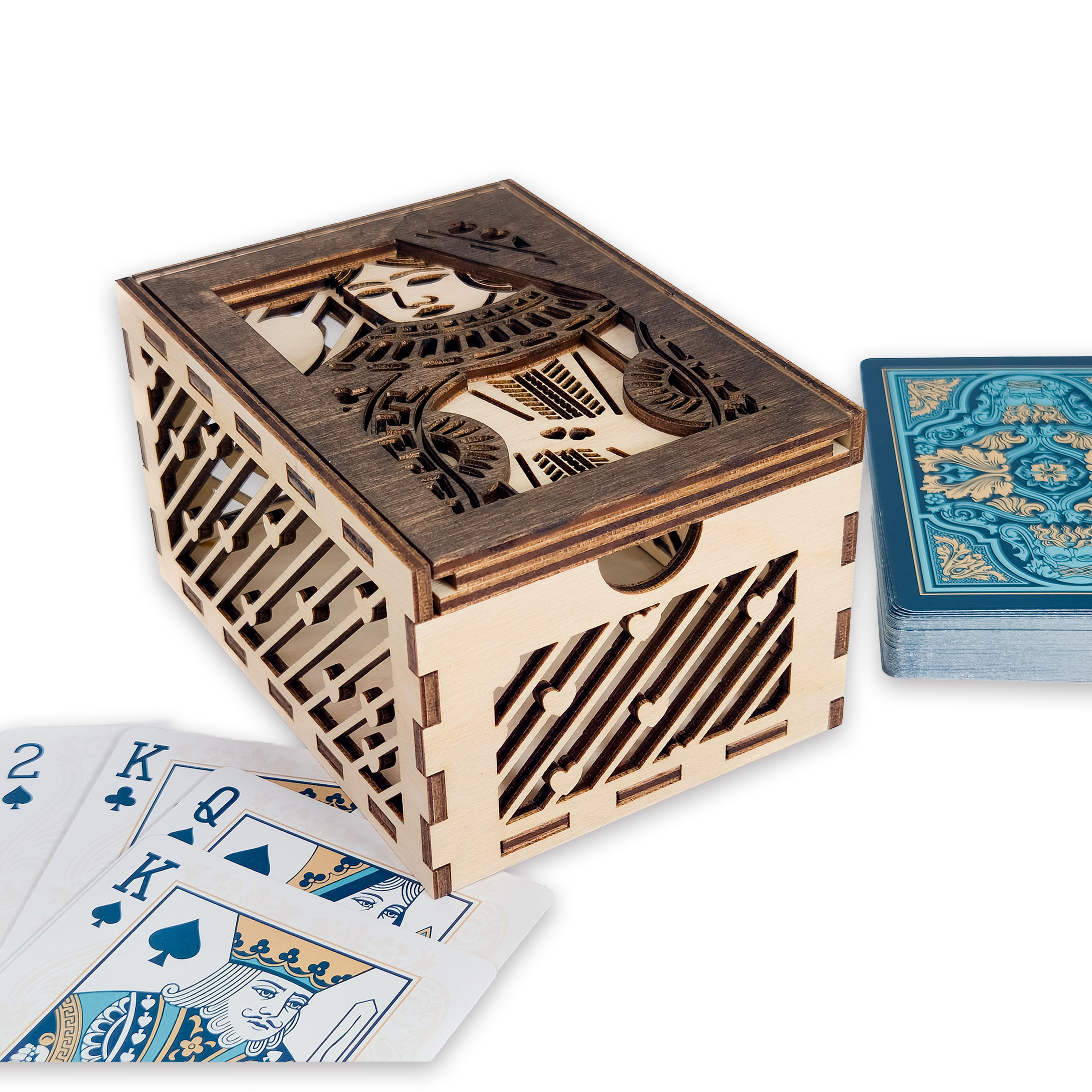 Laser-cut queen of hearts poker card box, walnut & maple birch plywood