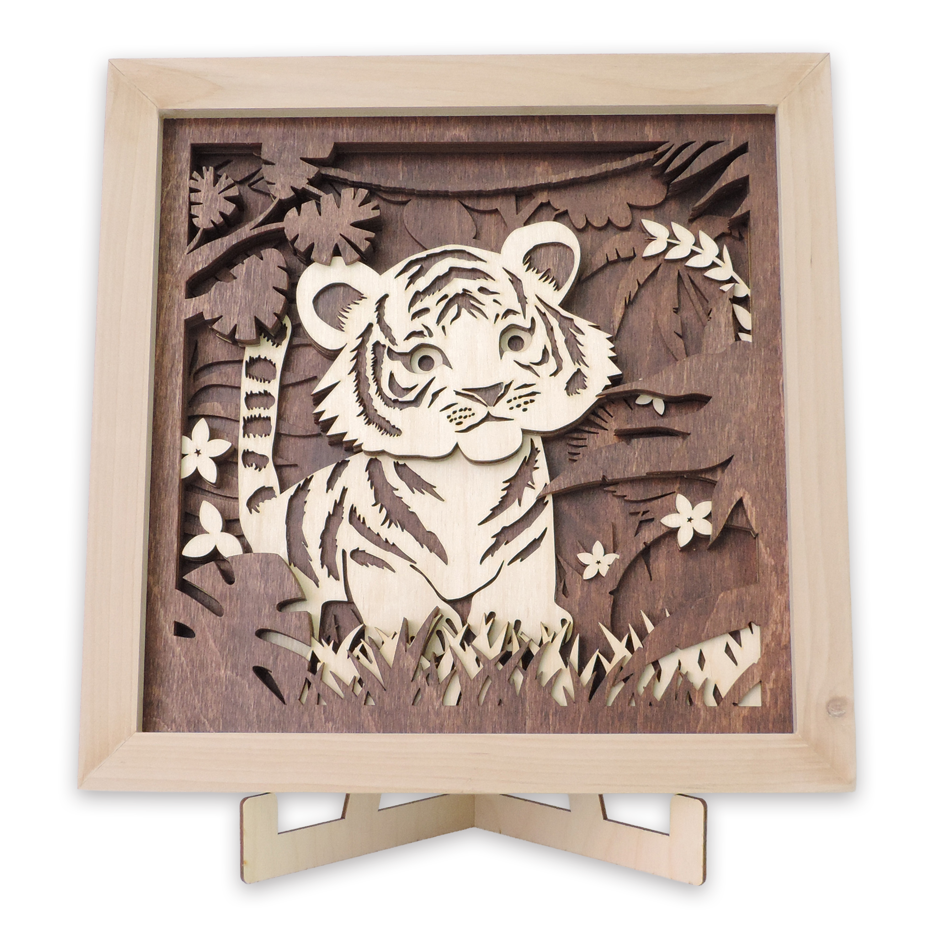 Multilayer 3D laser-cut baby tiger wall art, Baltic Birch Plywood