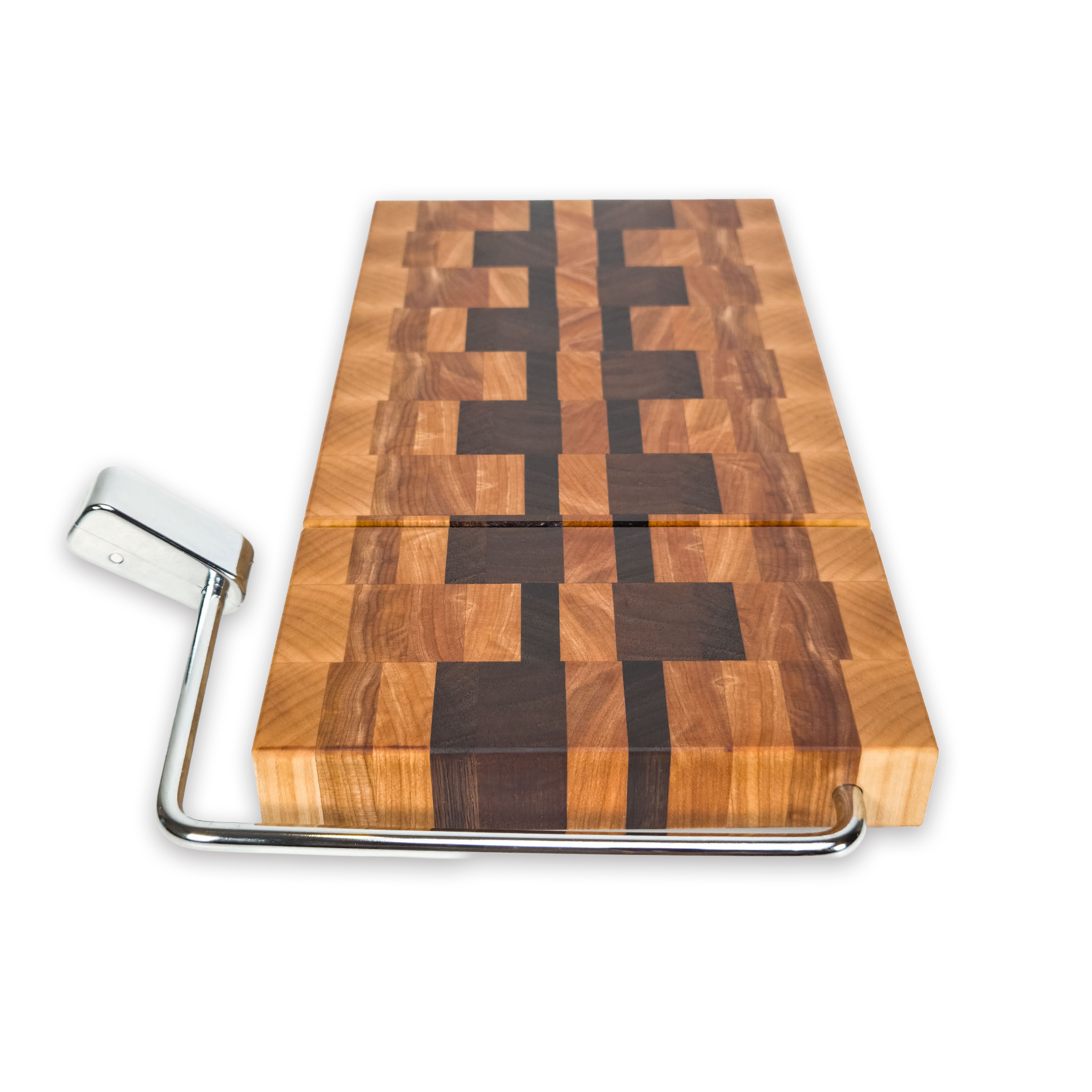 End grain maple, walnut & hickory cheese slicer board with wire cutter, oiled hardwood