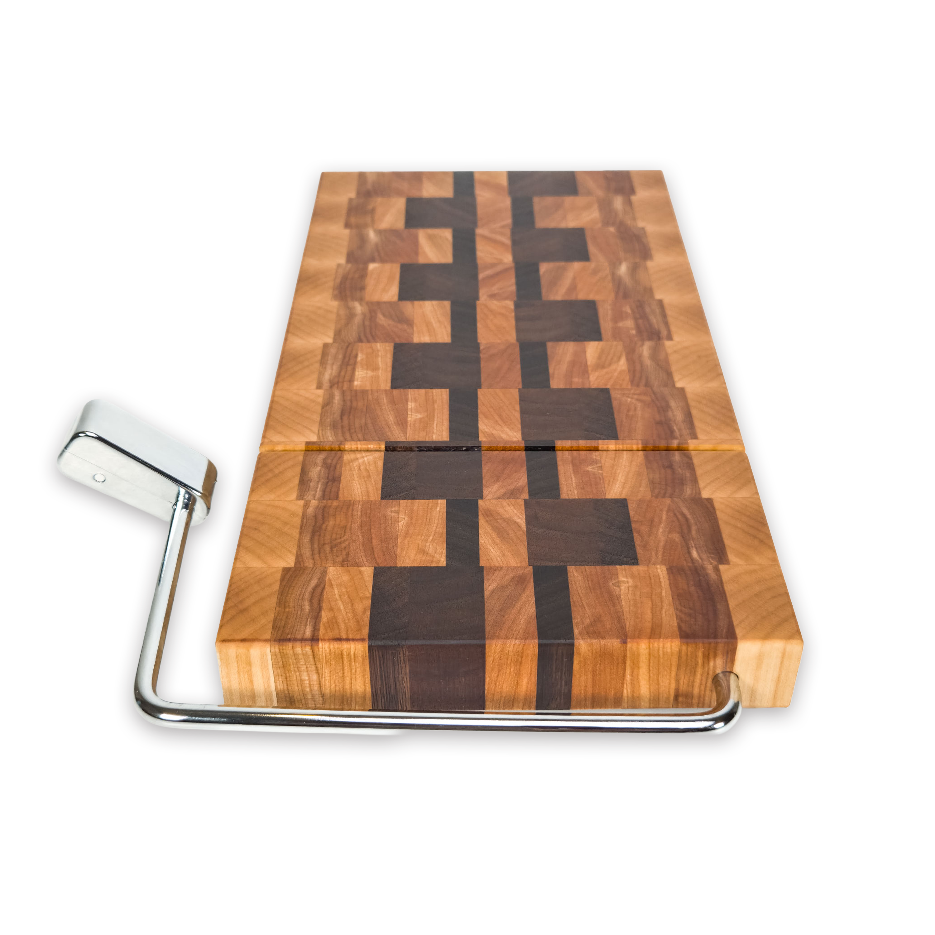 End grain maple, walnut & hickory cheese slicer board with wire cutter, oiled hardwood