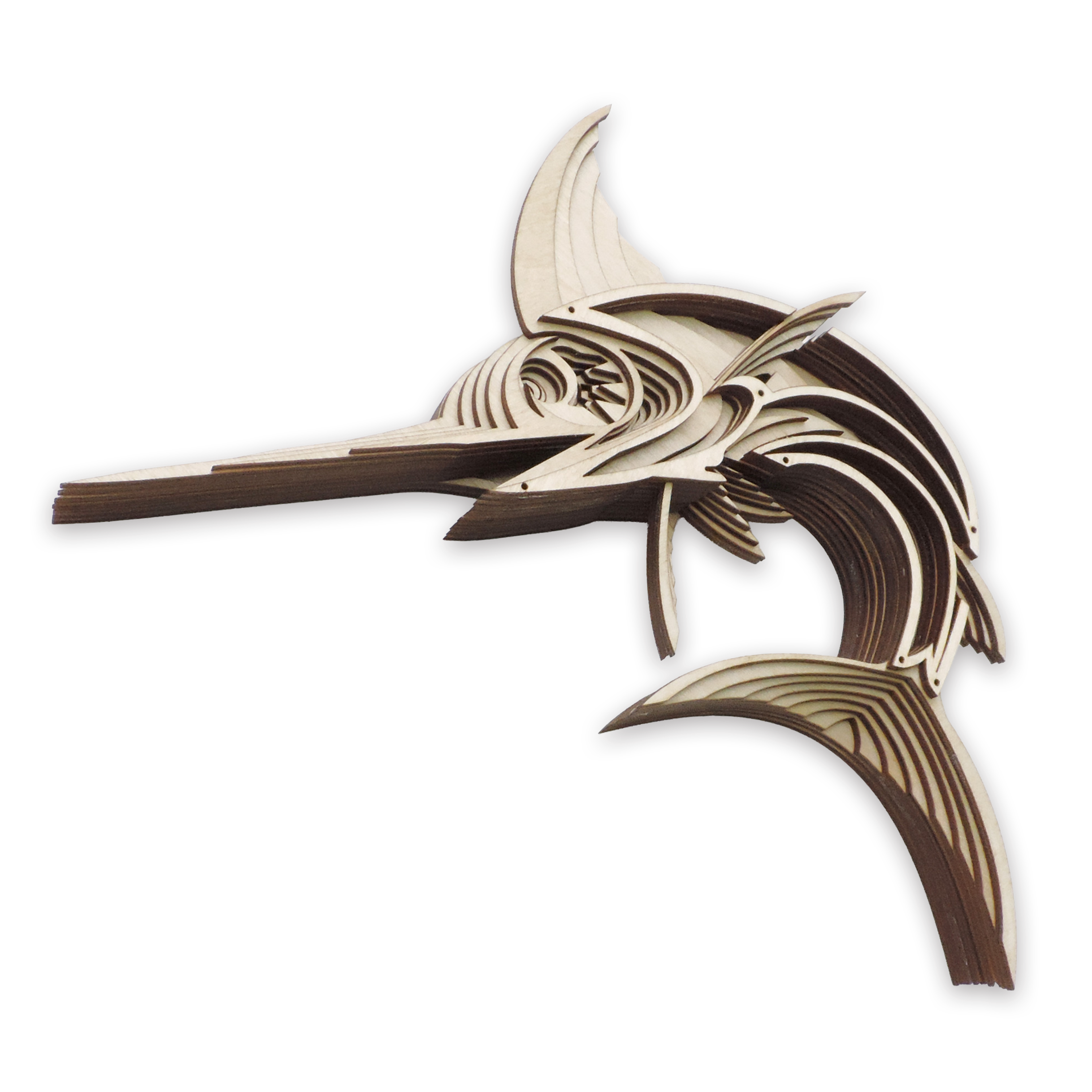 Multilayer 3D laser-cut swordfish wall art, Baltic Birch Plywood
