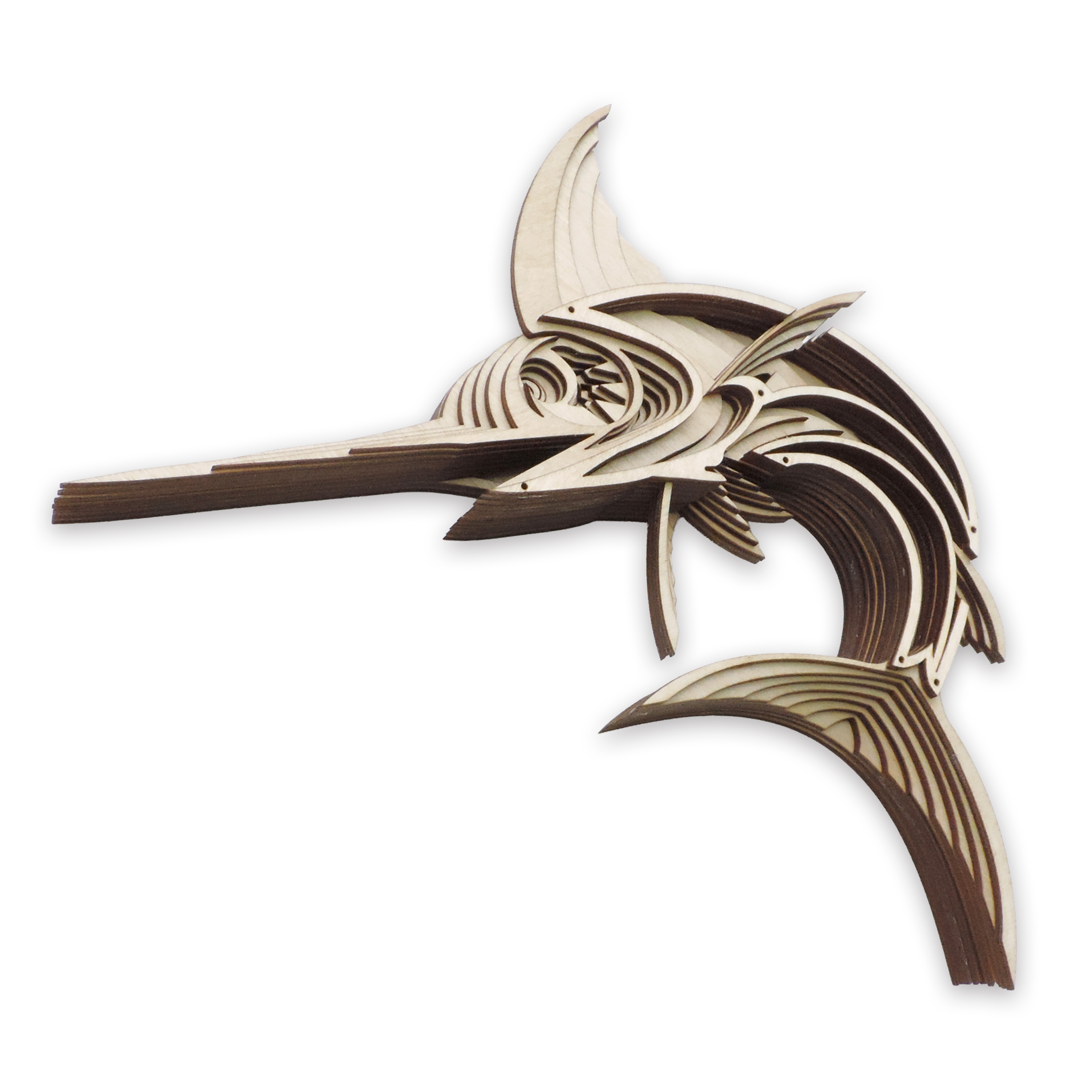 Multilayer 3D laser-cut swordfish wall art, Baltic Birch Plywood
