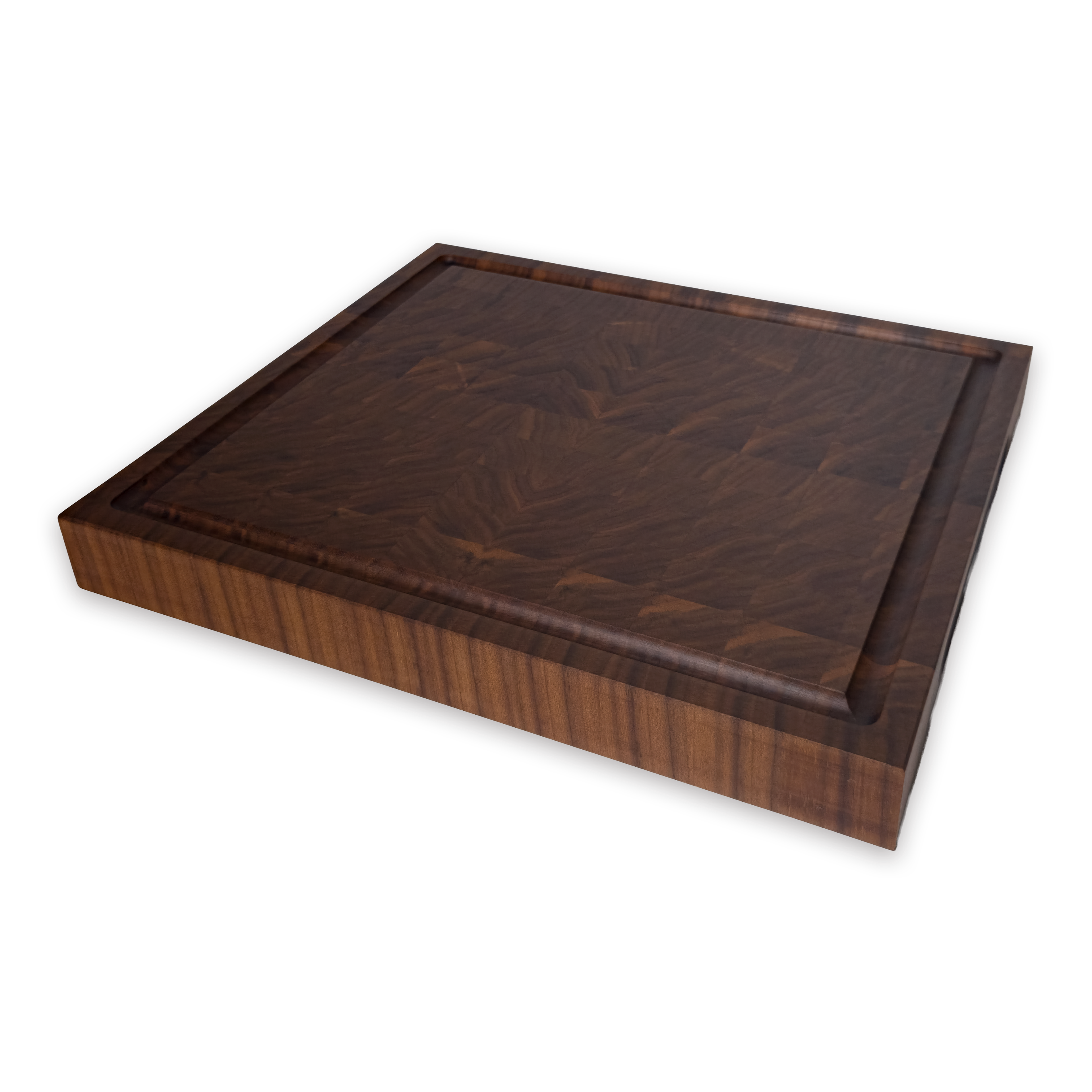 Walnut end grain butcher block cutting board with juice groove — 14 × 12 in