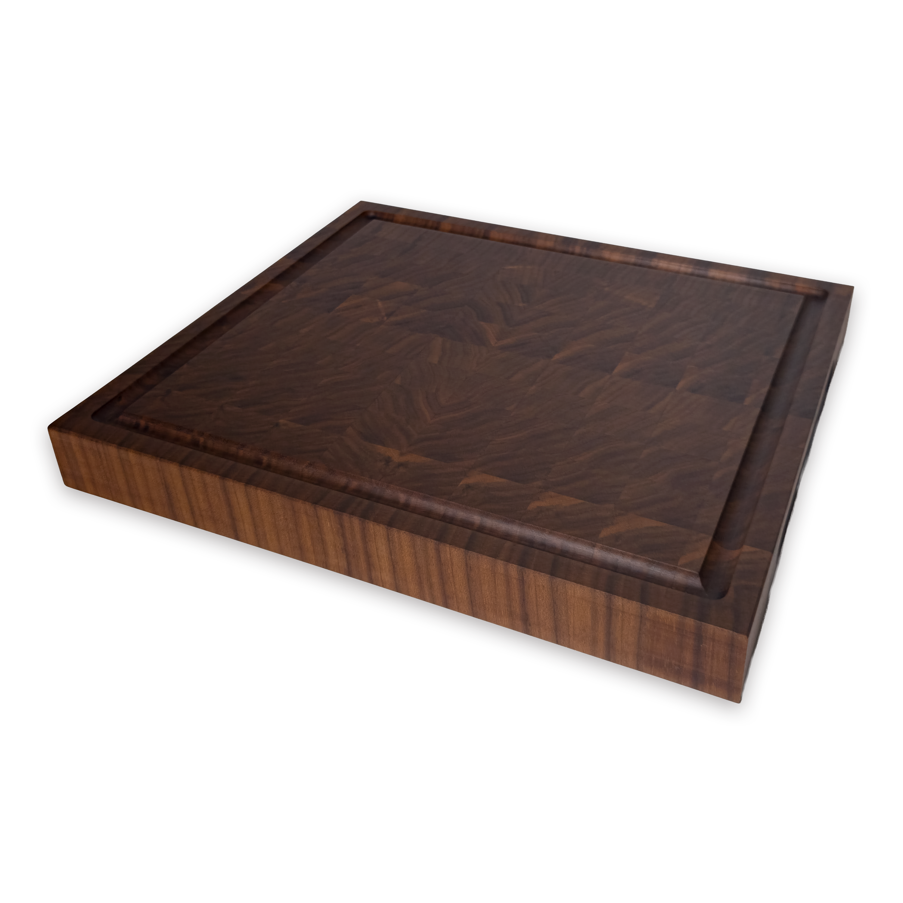 Walnut end grain butcher block cutting board with juice groove — 14 × 12 in
