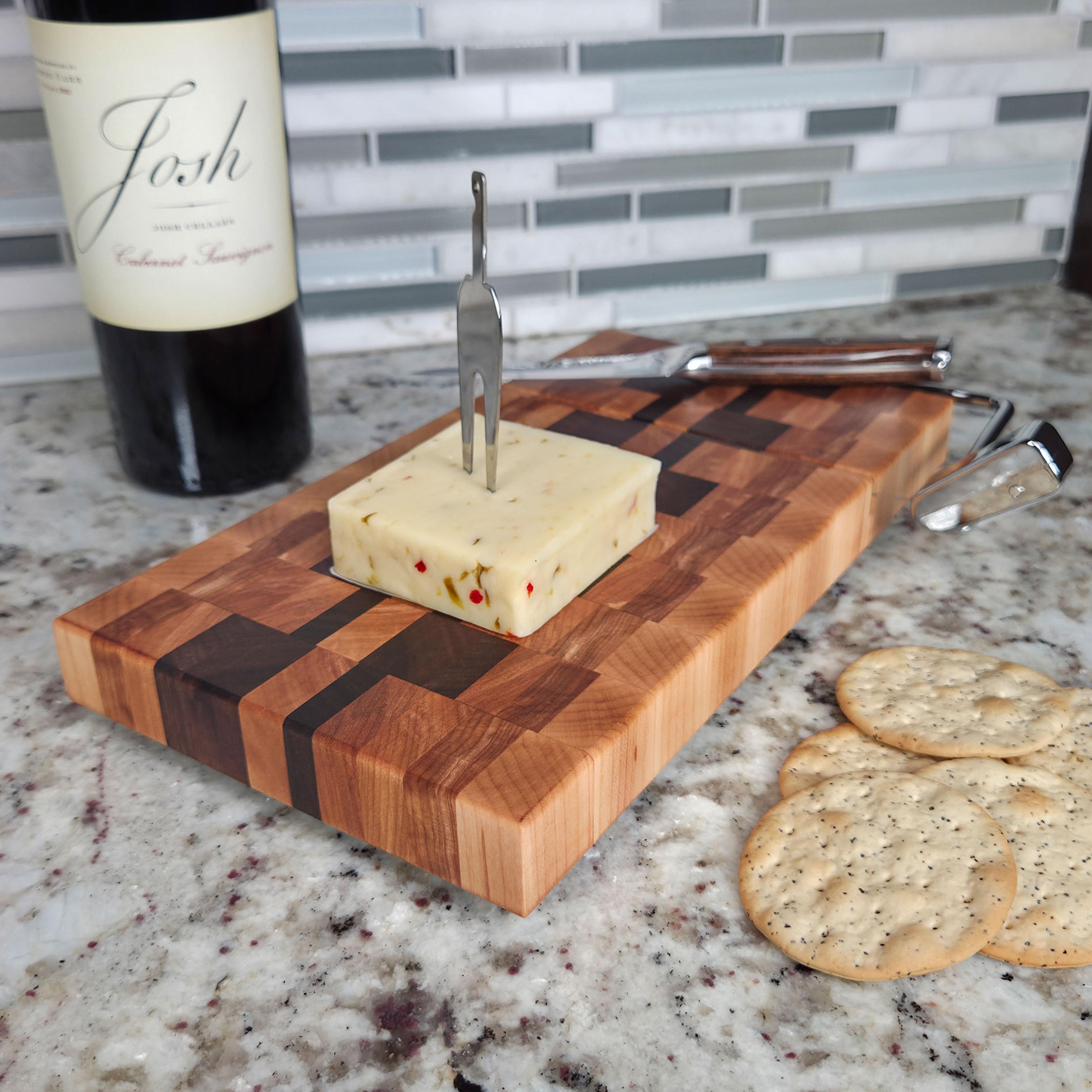End grain maple, walnut & hickory cheese slicer board with wire cutter, oiled hardwood