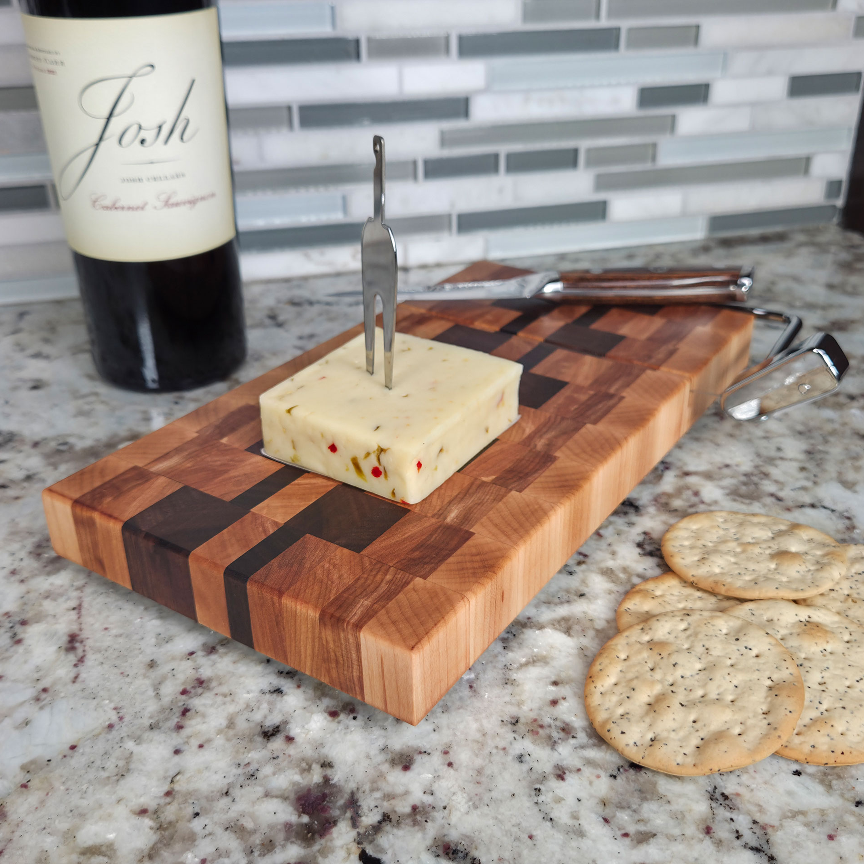 End grain maple, walnut & hickory cheese slicer board with wire cutter, oiled hardwood