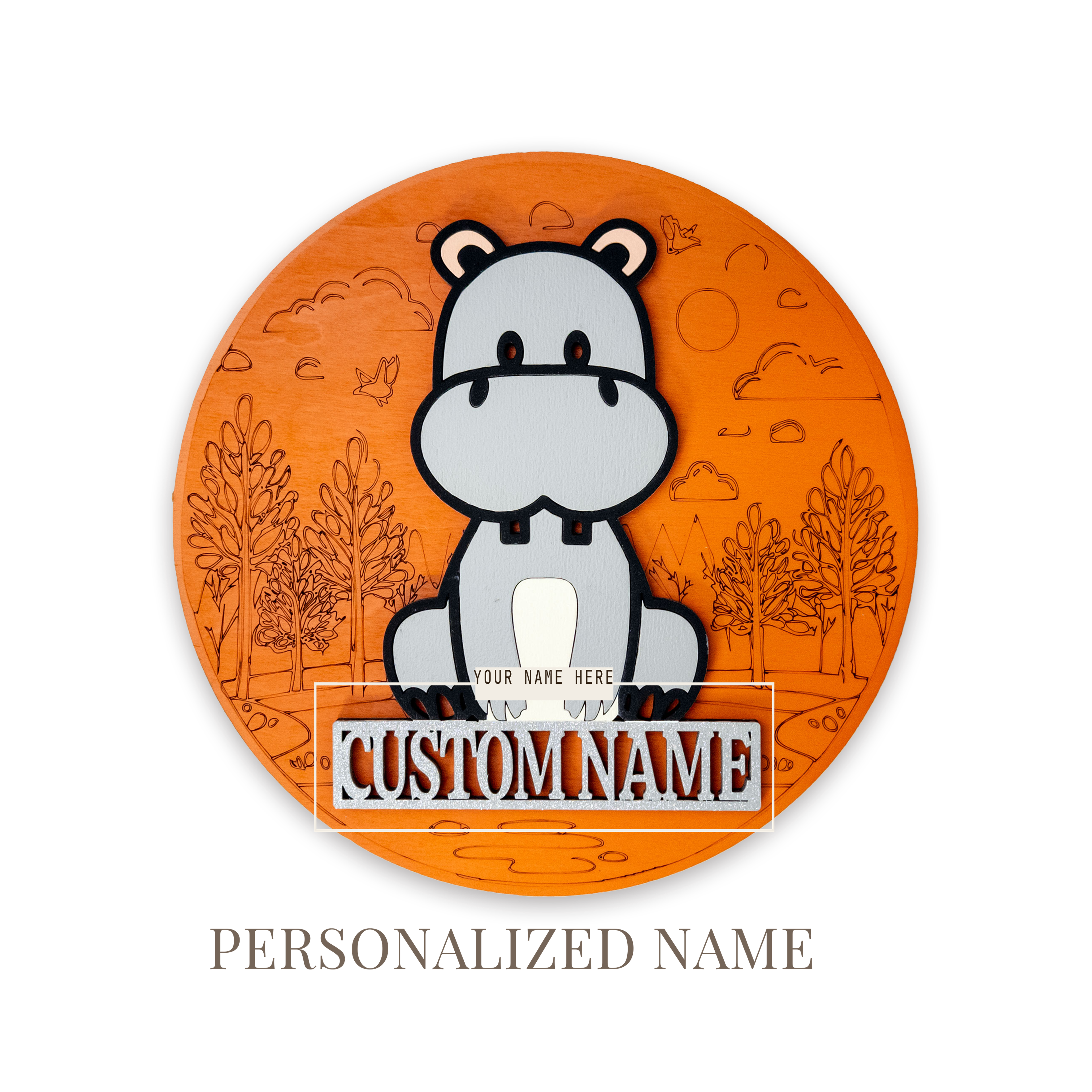 Multilayer 3D laser-cut hippo name sign wall art, Baltic Birch Plywood — personalized name (11 × 11 in)