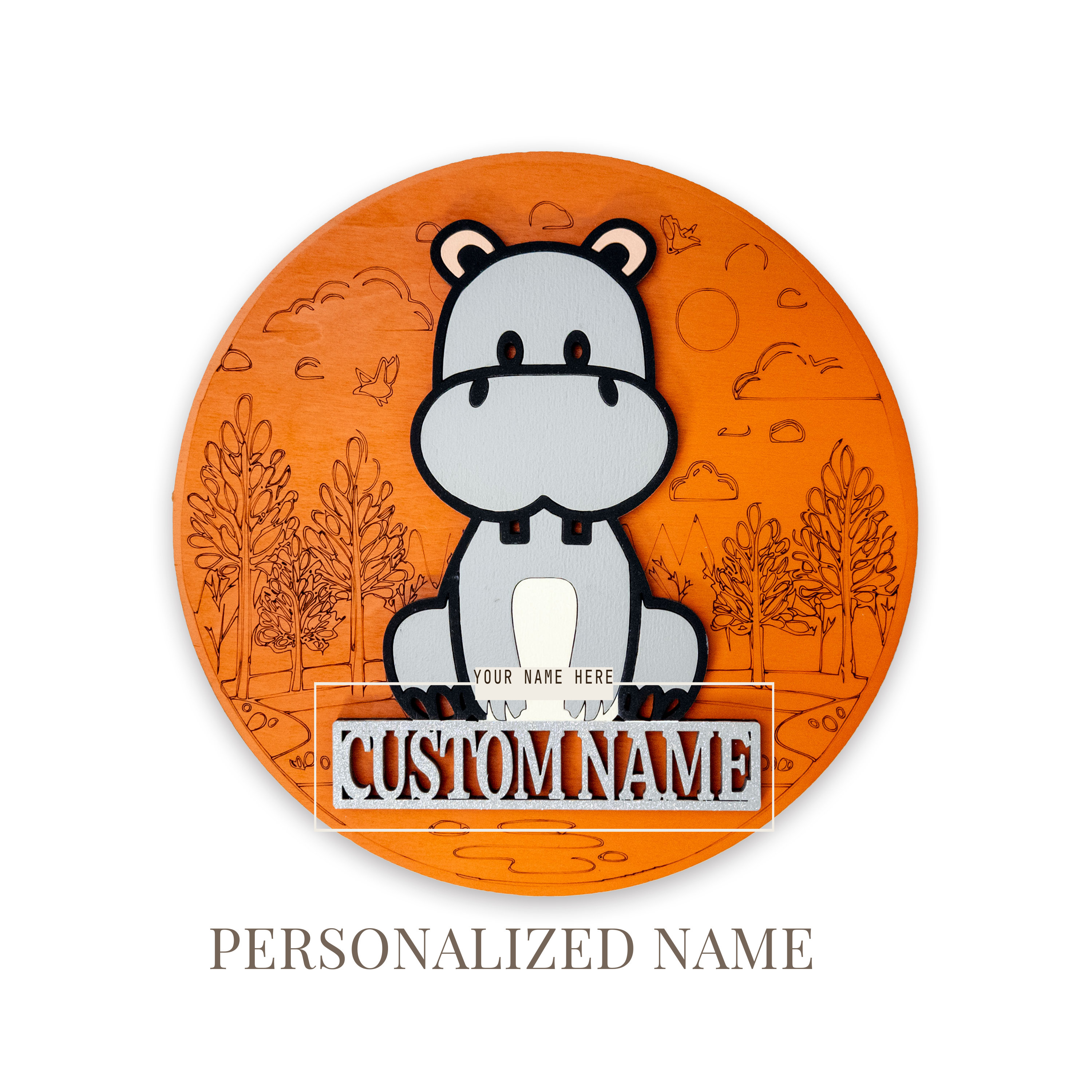 Multilayer 3D laser-cut hippo name sign wall art, Baltic Birch Plywood — personalized name (11 × 11 in)