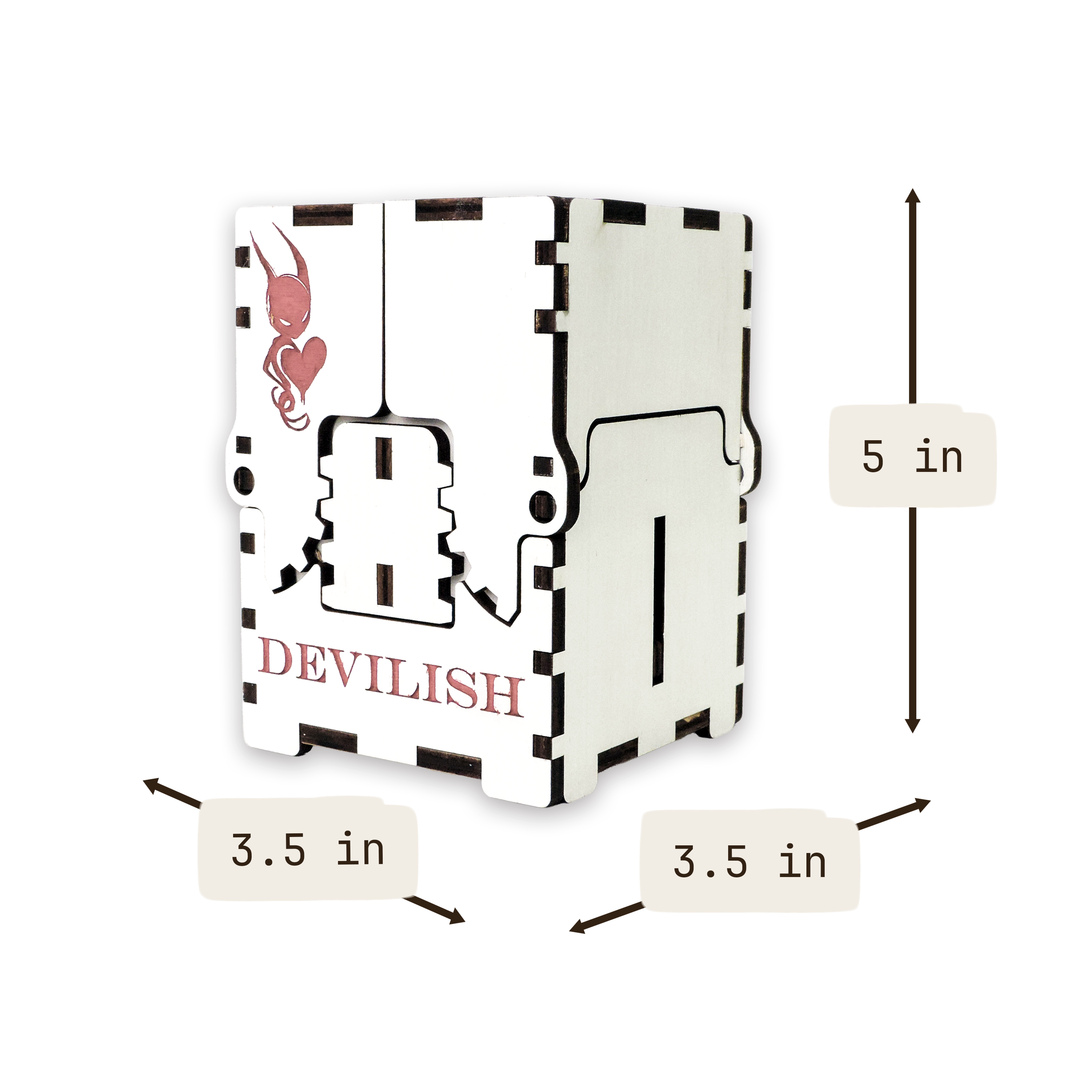 Laser-cut devilish box, white-painted birch plywood — small (3.5 × 5 in)