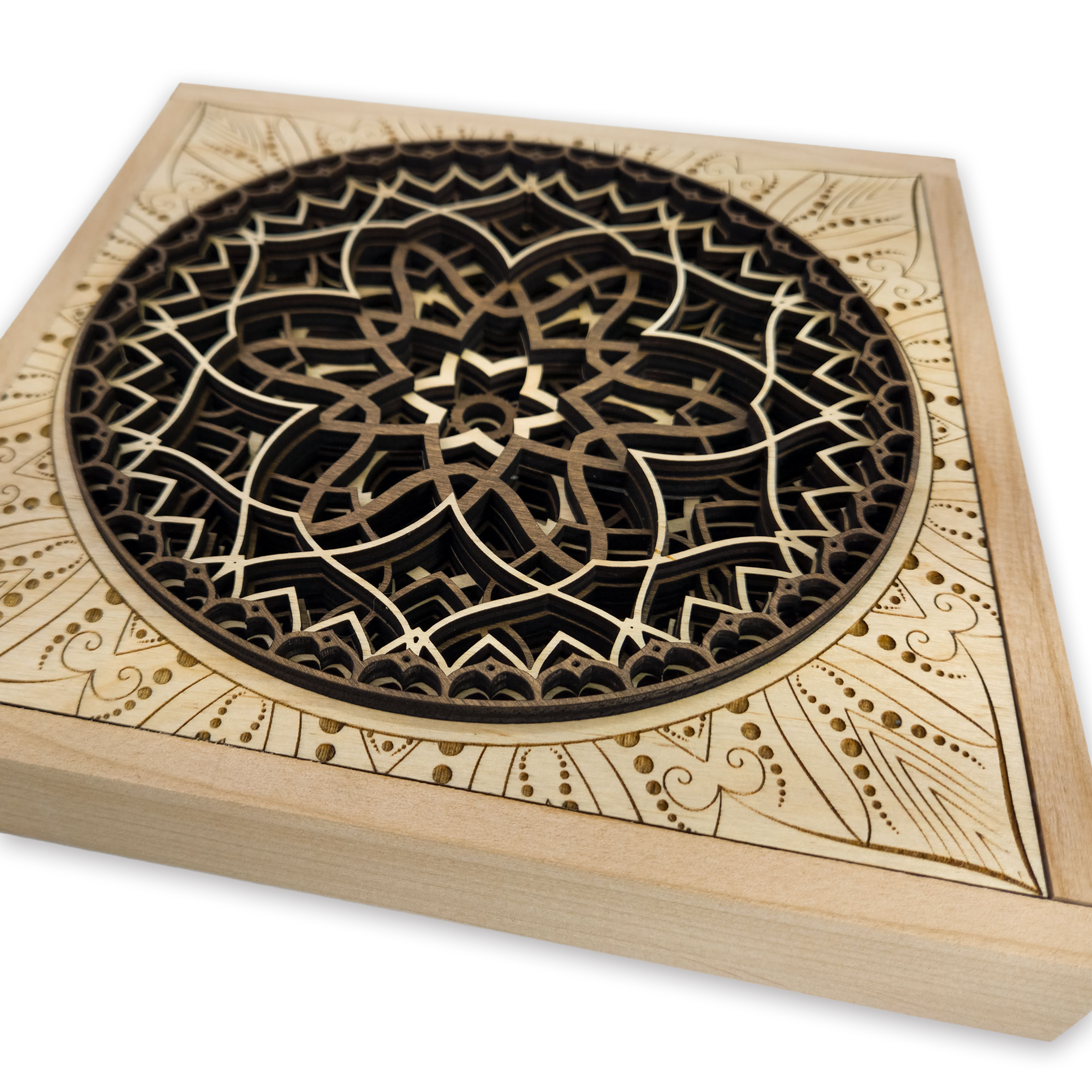 Multilayer 3D laser-cut engraved square mandala wall art, Baltic Birch Plywood