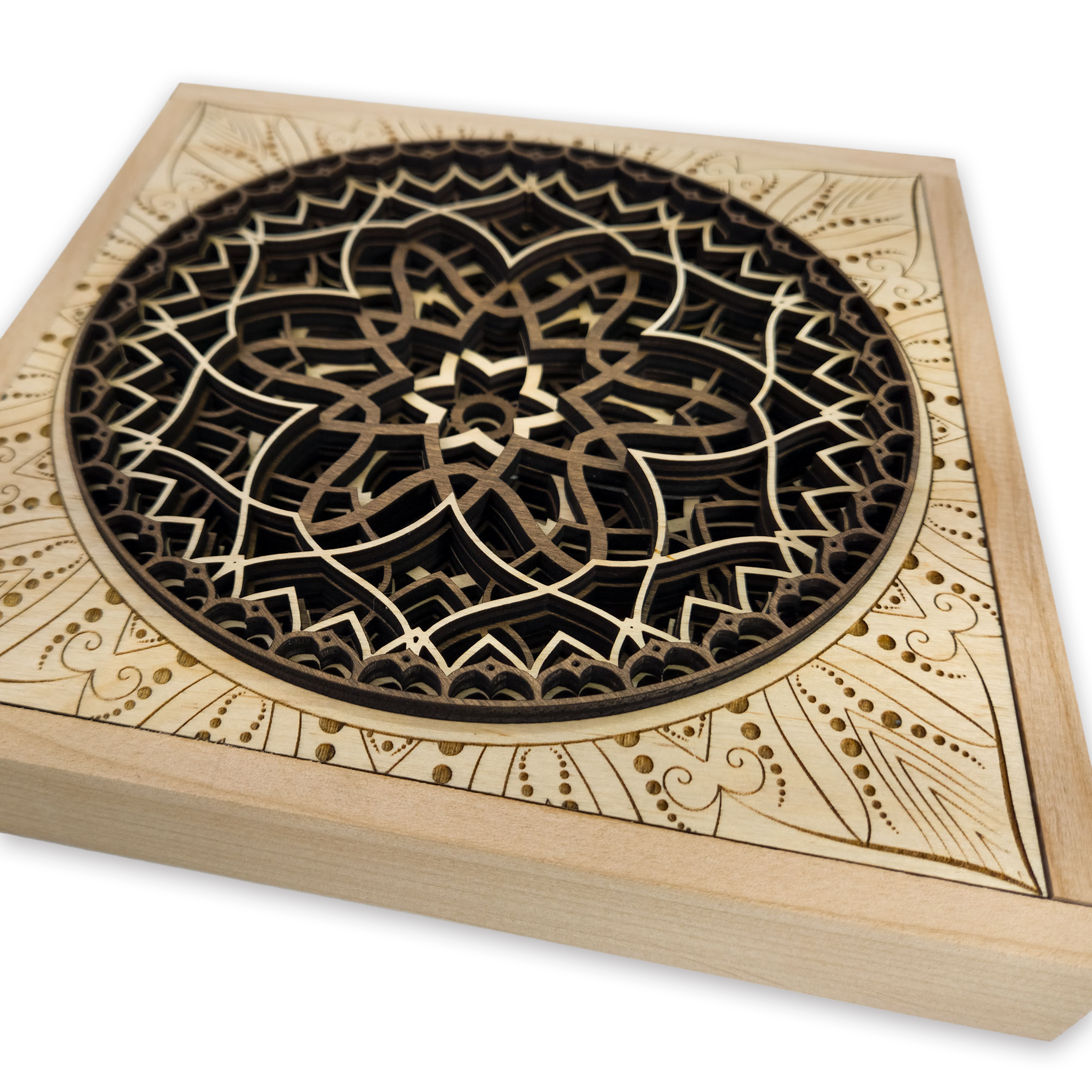 Multilayer 3D laser-cut engraved square mandala wall art, Baltic Birch Plywood