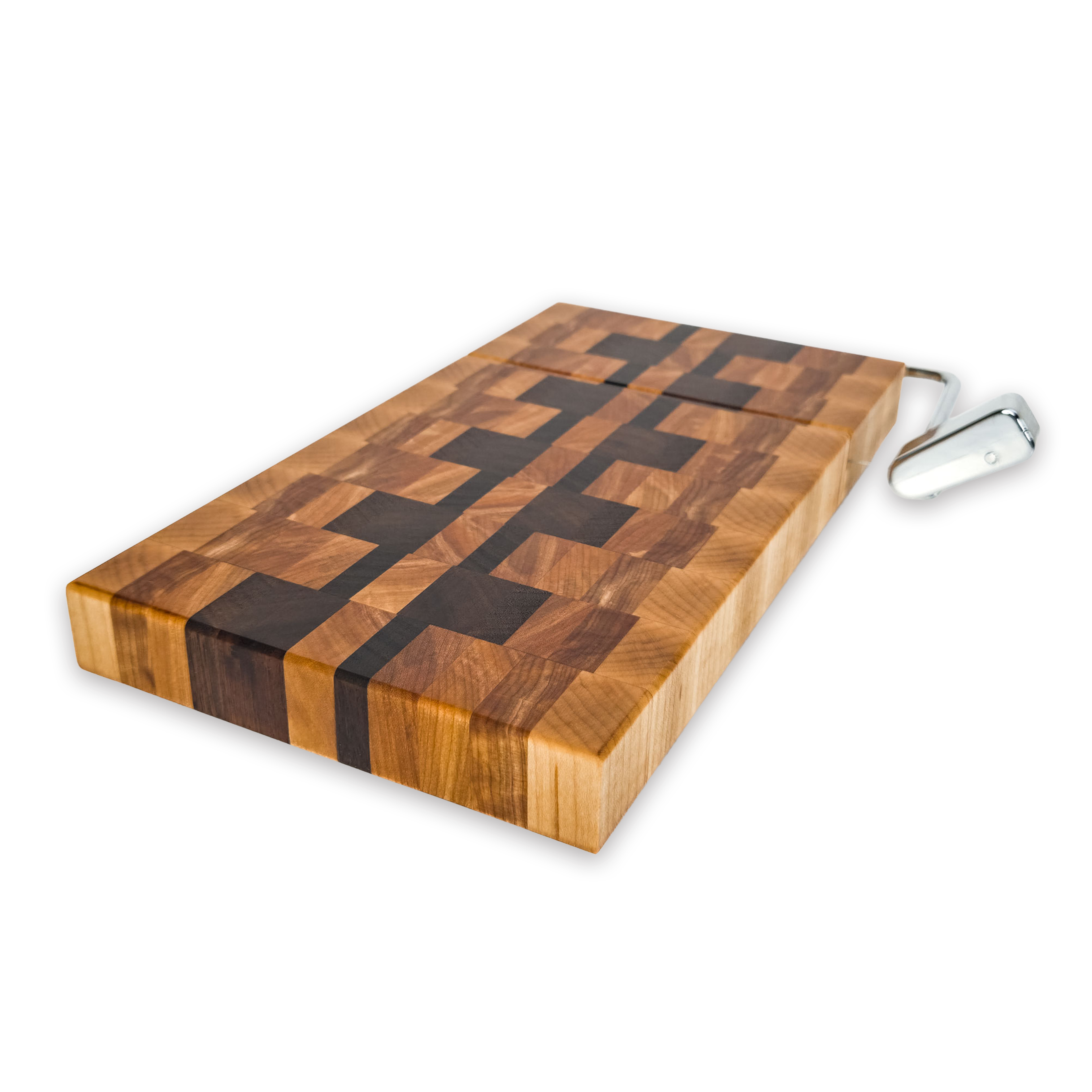 End grain maple, walnut & hickory cheese slicer board with wire cutter, oiled hardwood