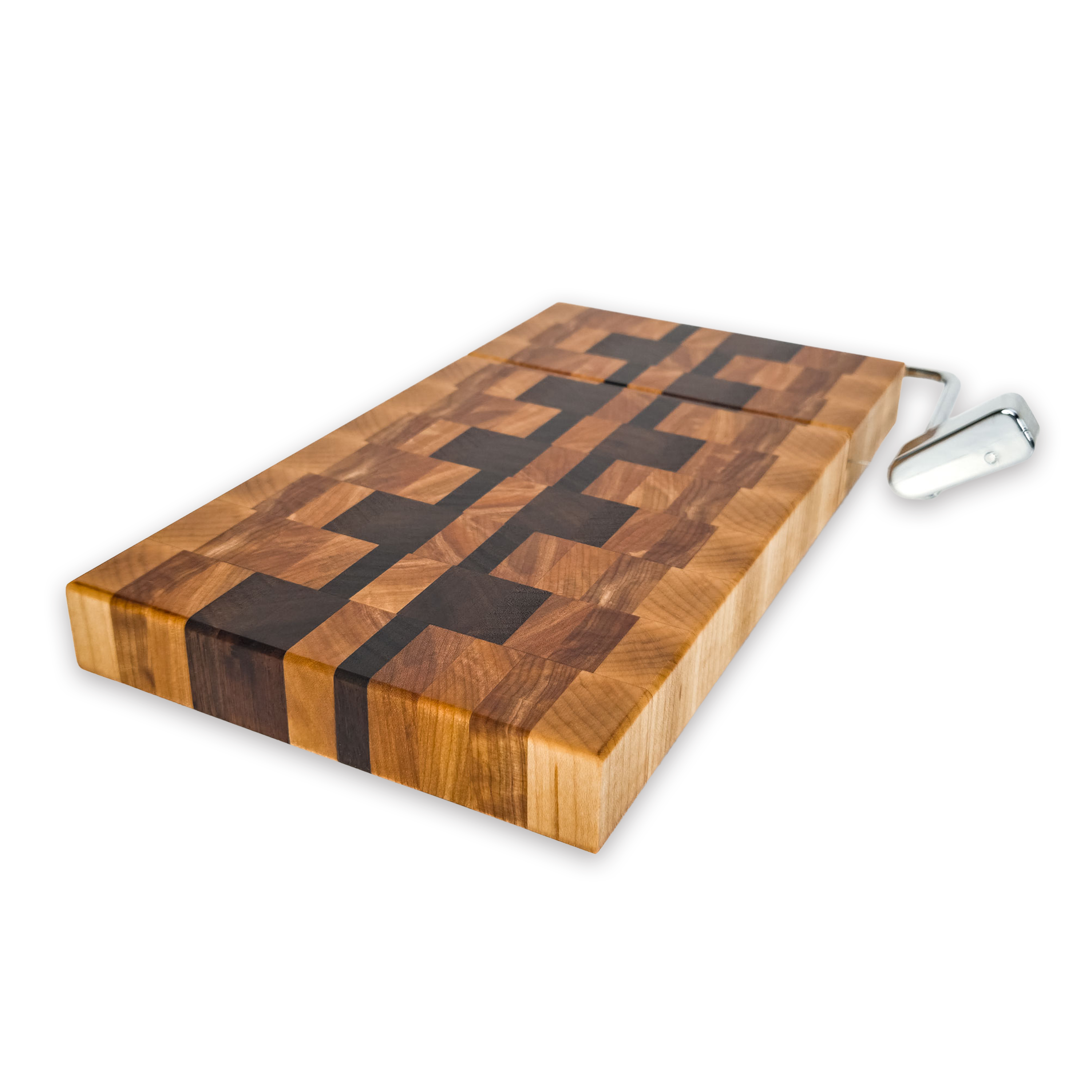 End grain maple, walnut & hickory cheese slicer board with wire cutter, oiled hardwood