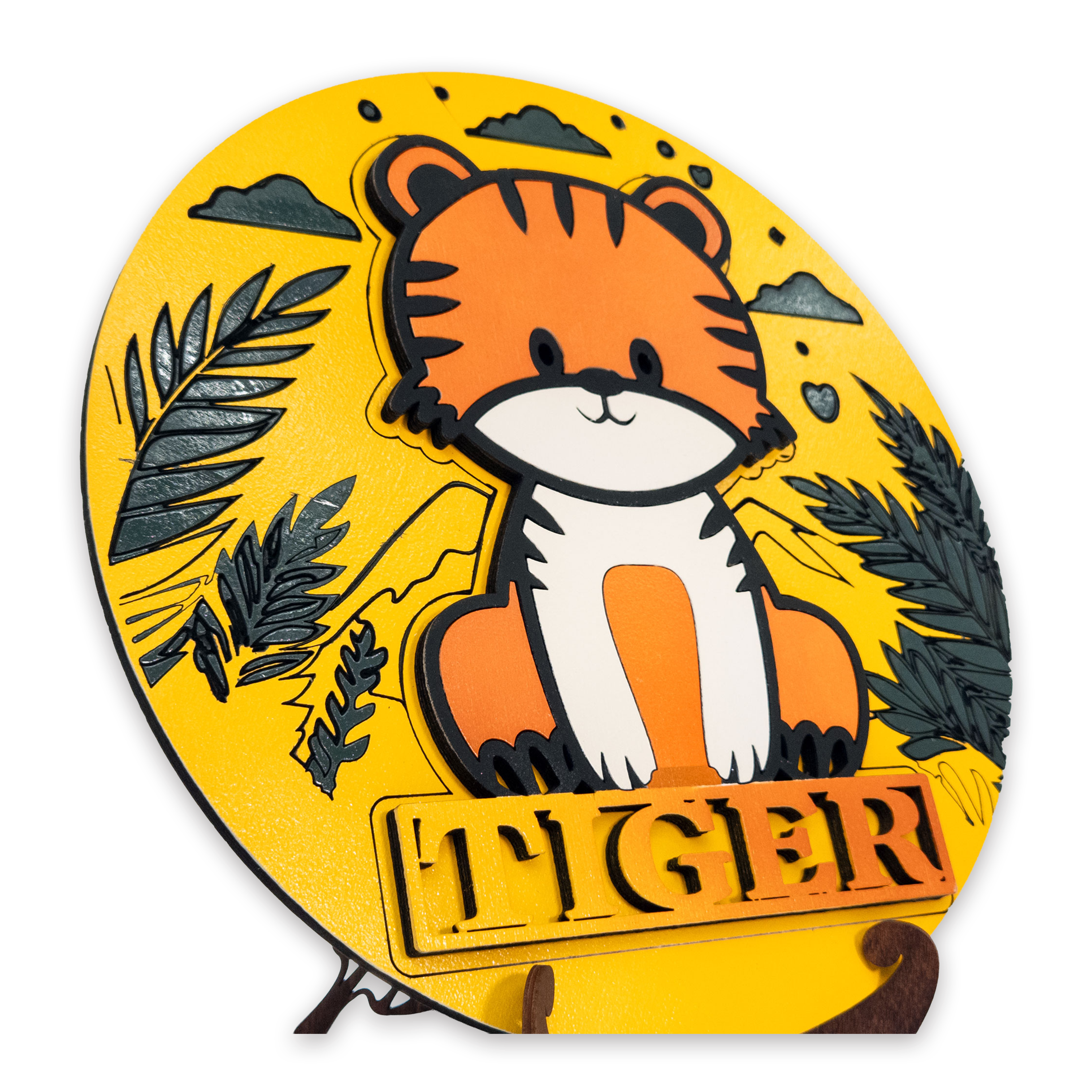 Multilayer 3D laser-cut tiger name sign wall art, Baltic Birch Plywood
