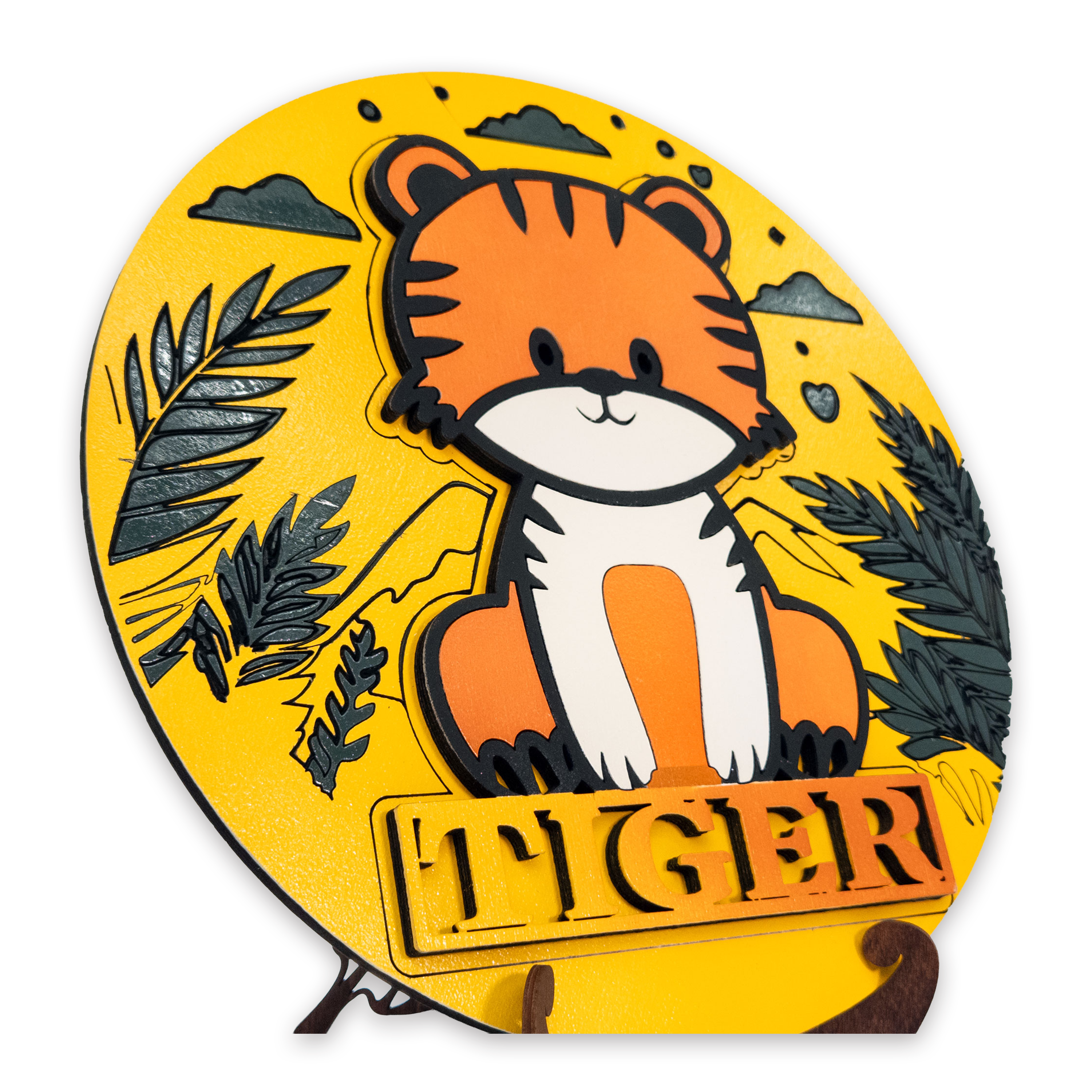 Multilayer 3D laser-cut tiger name sign wall art, Baltic Birch Plywood