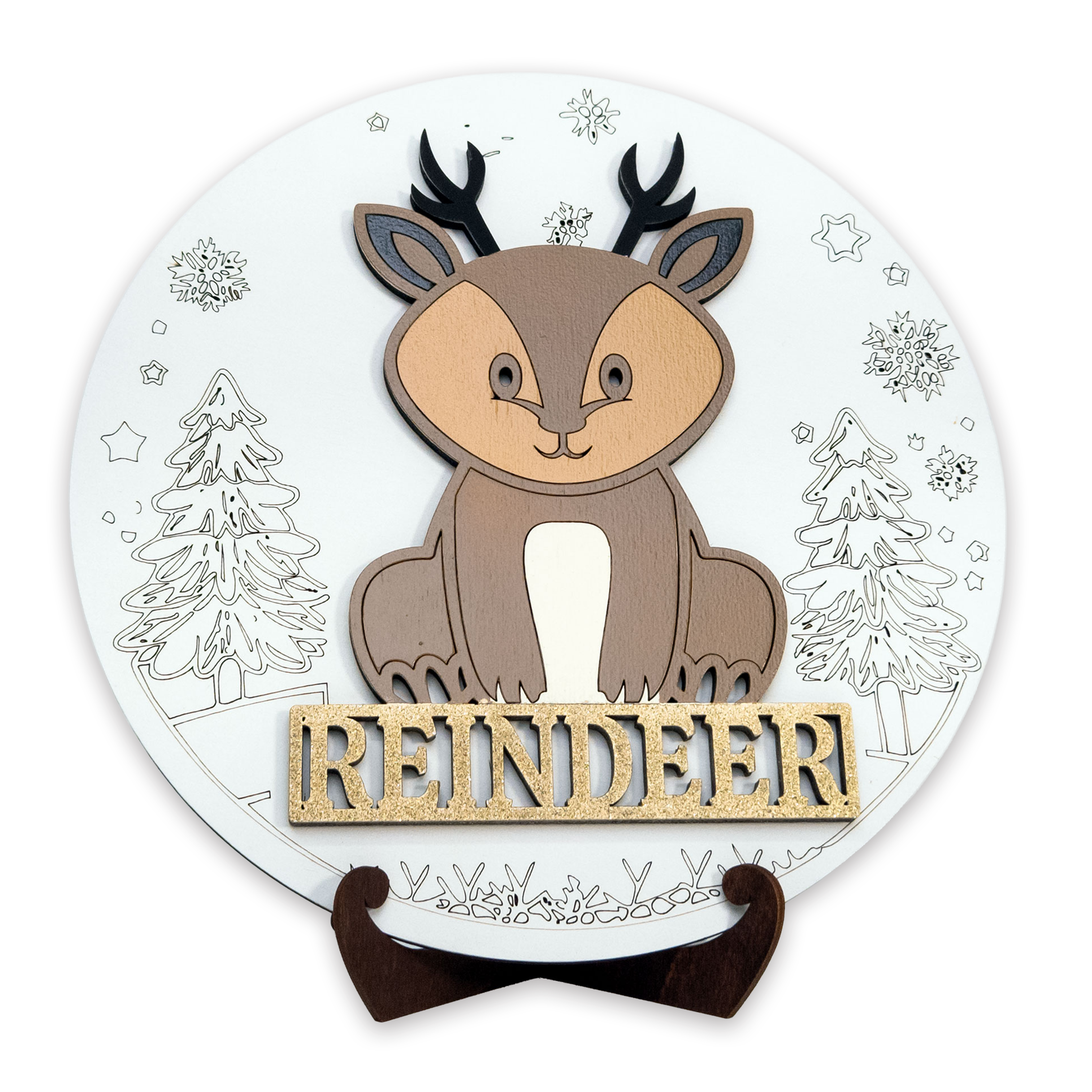 Multilayer 3D laser-cut reindeer name sign wall art, Baltic Birch Plywood