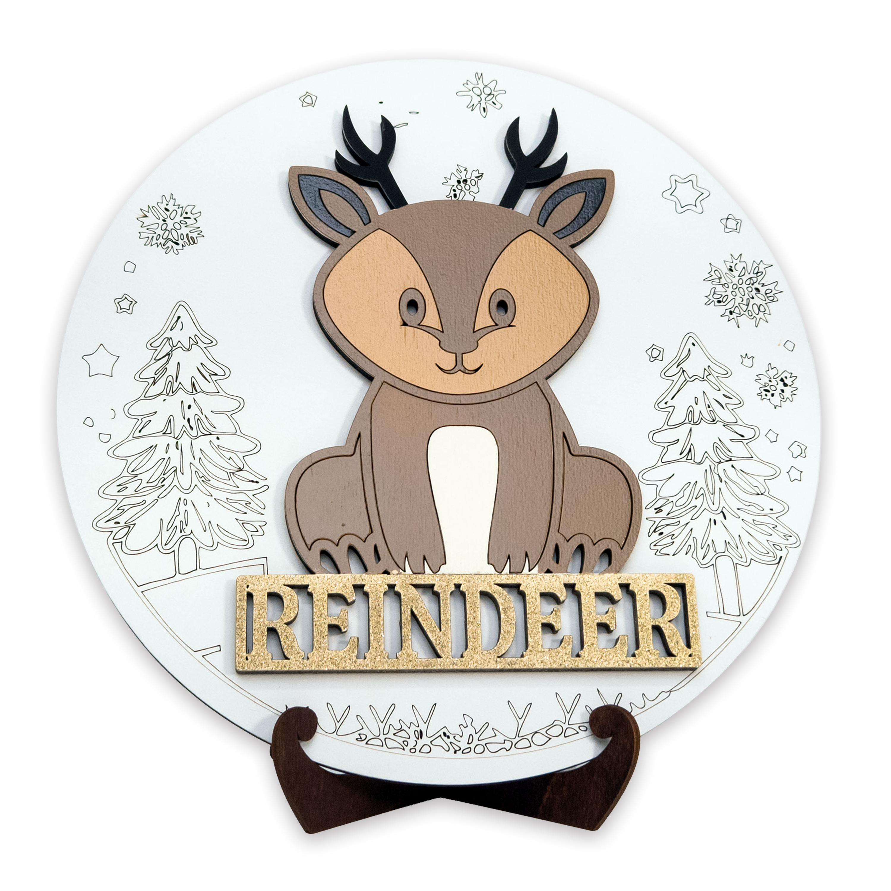 Multilayer 3D laser-cut reindeer name sign wall art, Baltic Birch Plywood