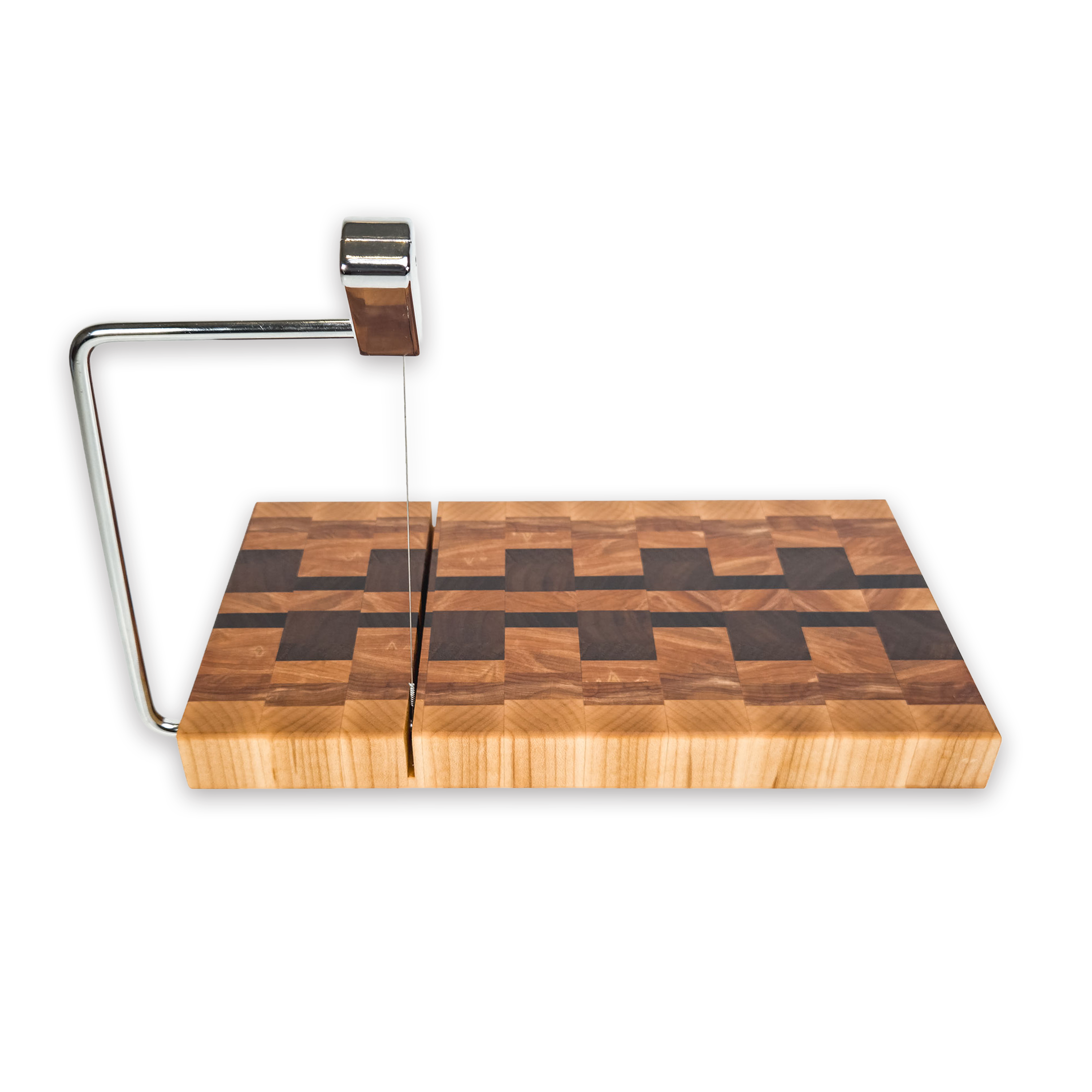 End grain maple, walnut & hickory cheese slicer board with wire cutter, oiled hardwood