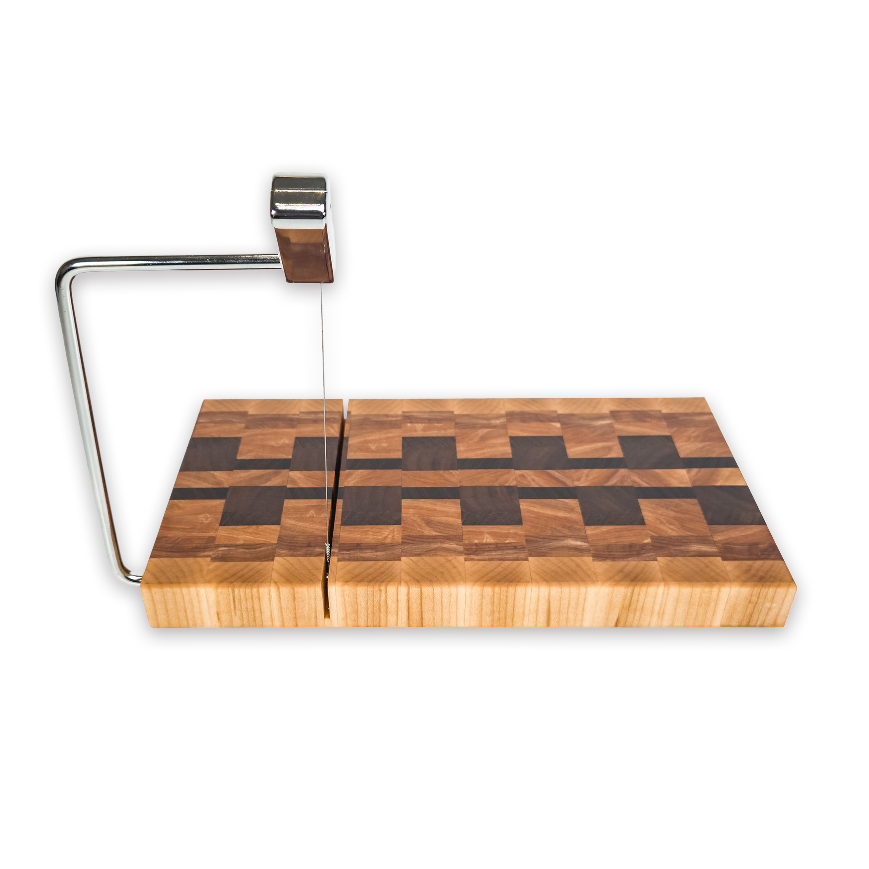 End grain maple, walnut & hickory cheese slicer board with wire cutter, oiled hardwood