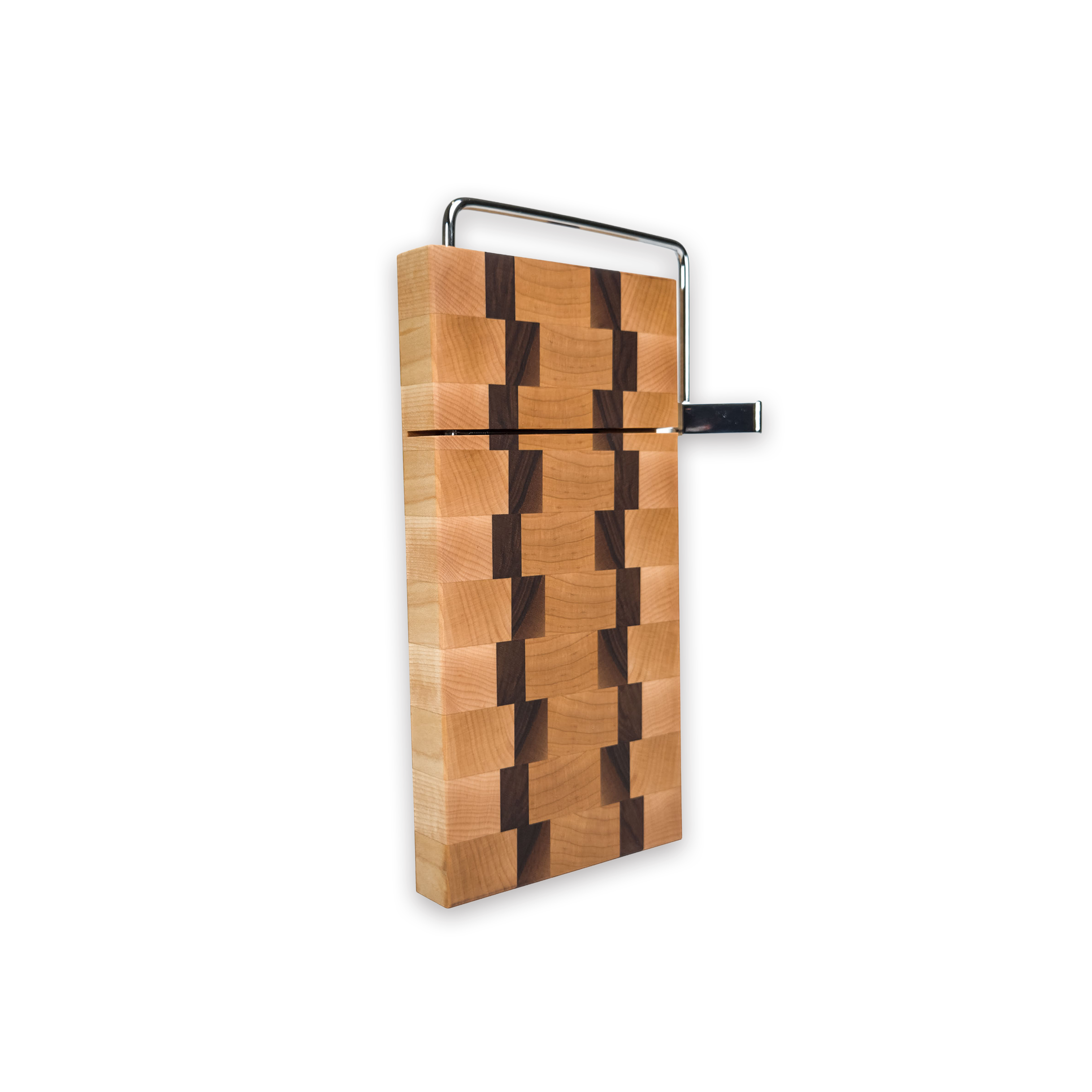End grain maple & walnut cheese slicer board with wire cutter, oiled hardwood