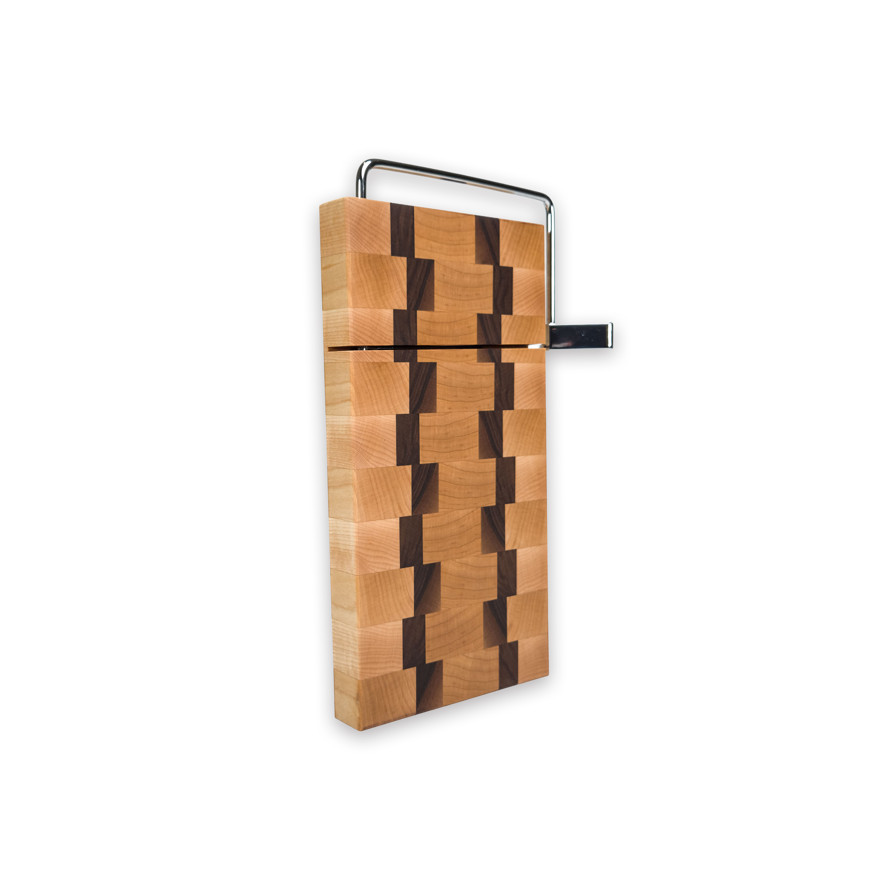 End grain maple & walnut cheese slicer board with wire cutter, oiled hardwood