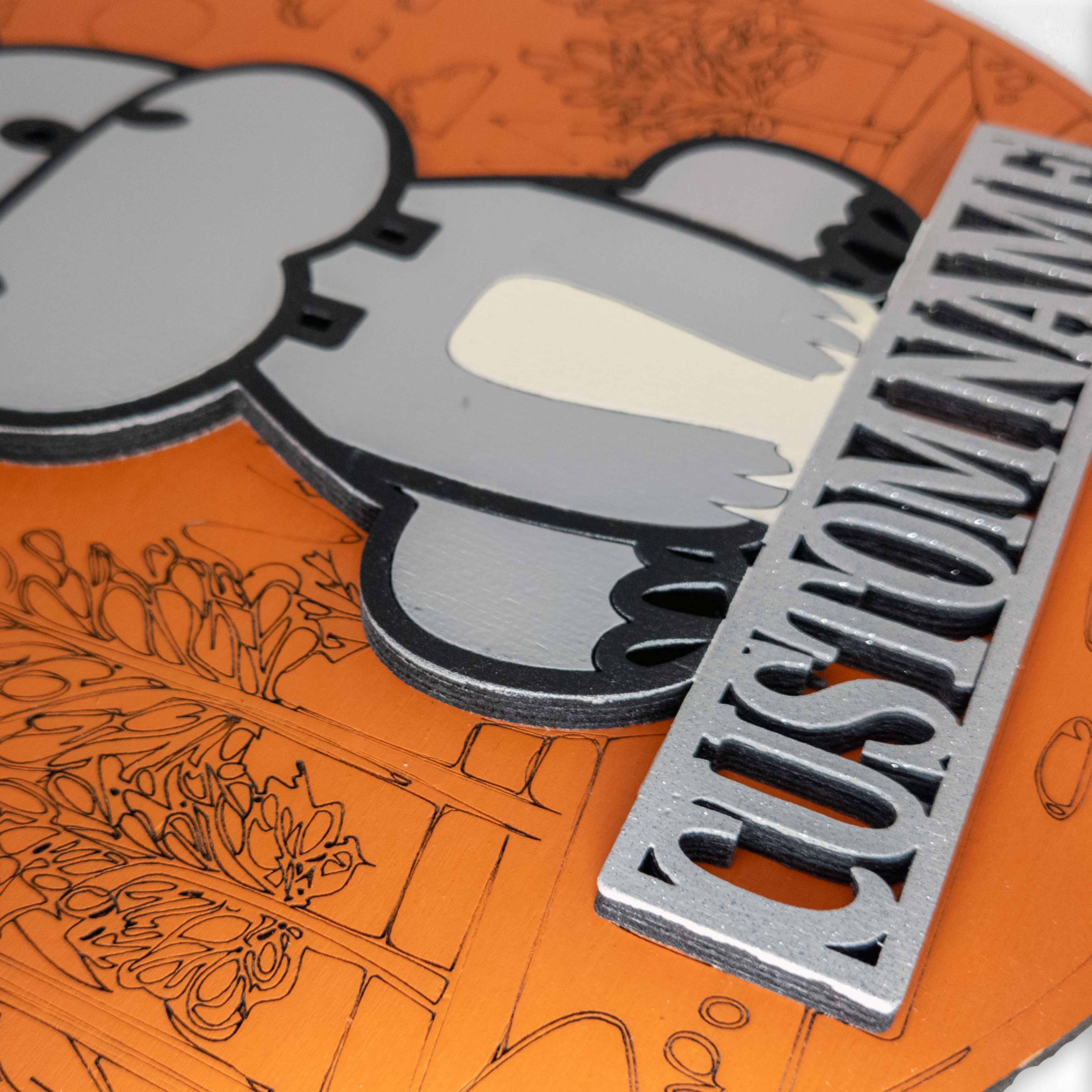 Multilayer 3D laser-cut hippo name sign wall art, Baltic Birch Plywood