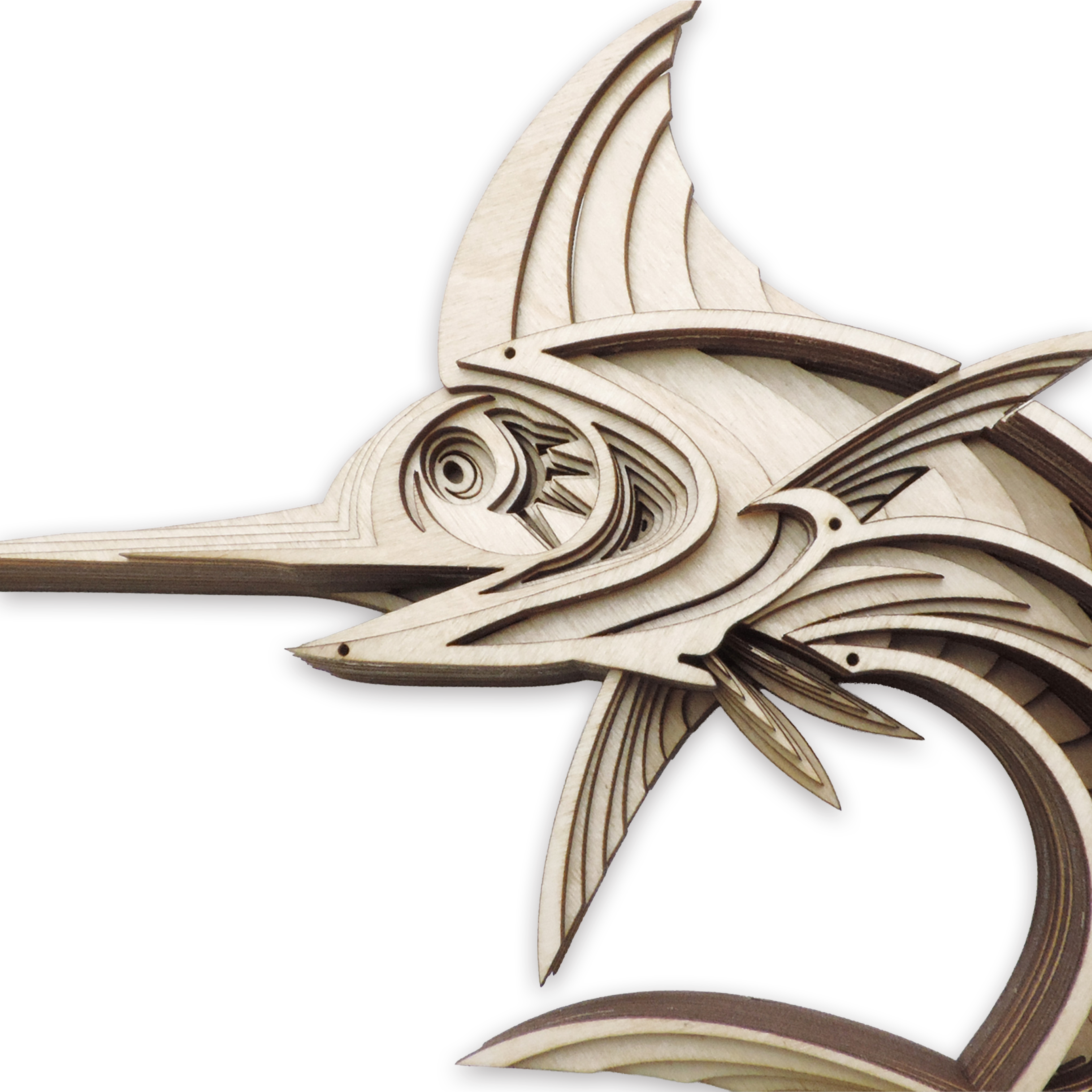 Multilayer 3D laser-cut swordfish wall art, Baltic Birch Plywood