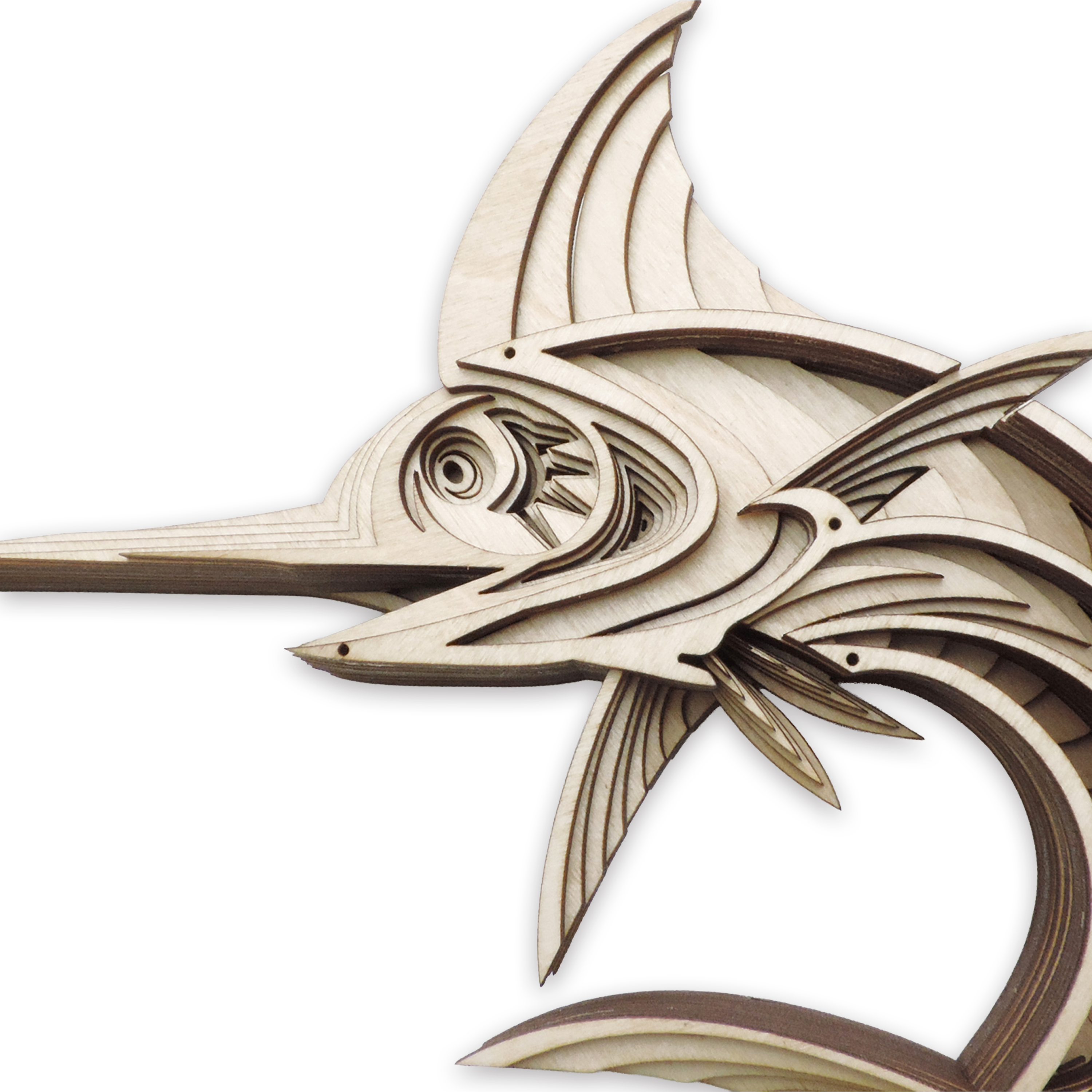 Multilayer 3D laser-cut swordfish wall art, Baltic Birch Plywood